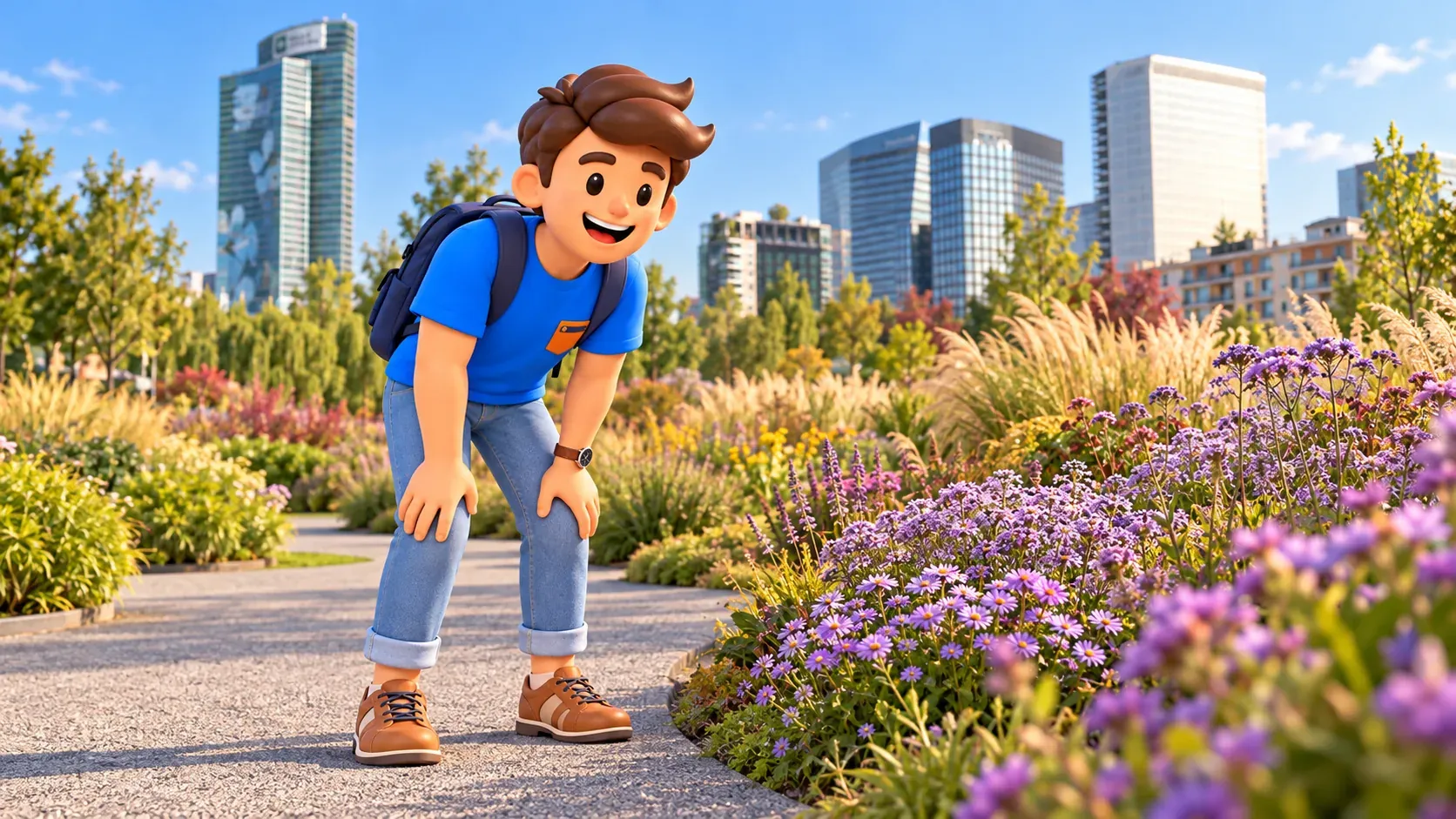 Illustration d’un voyageur observant des fleurs depuis un chemin du parc BAM.