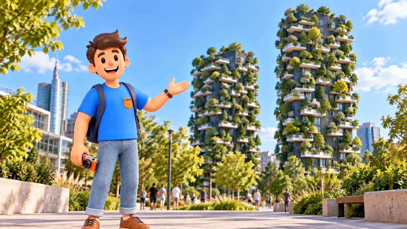 Illustration d’un voyageur avec un appareil photo près des tours résidentielles du Bosco Verticale.