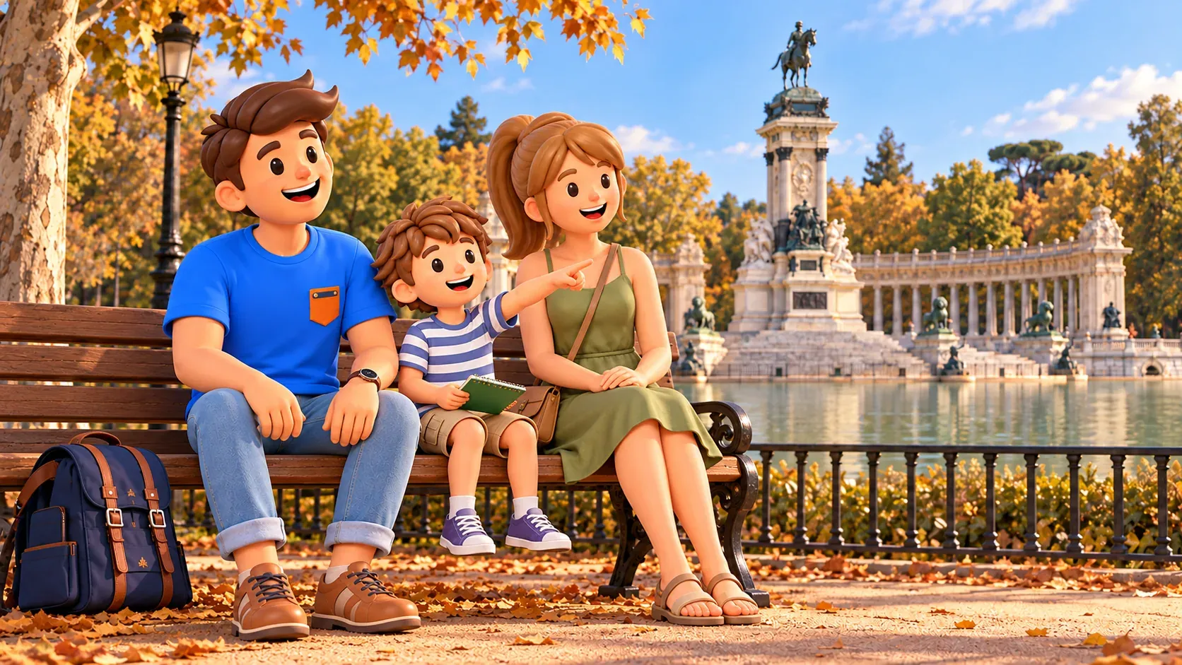 Illustrierte Familie mit Kind am großen Retiro-Teich, Bankstandort symbolisch
