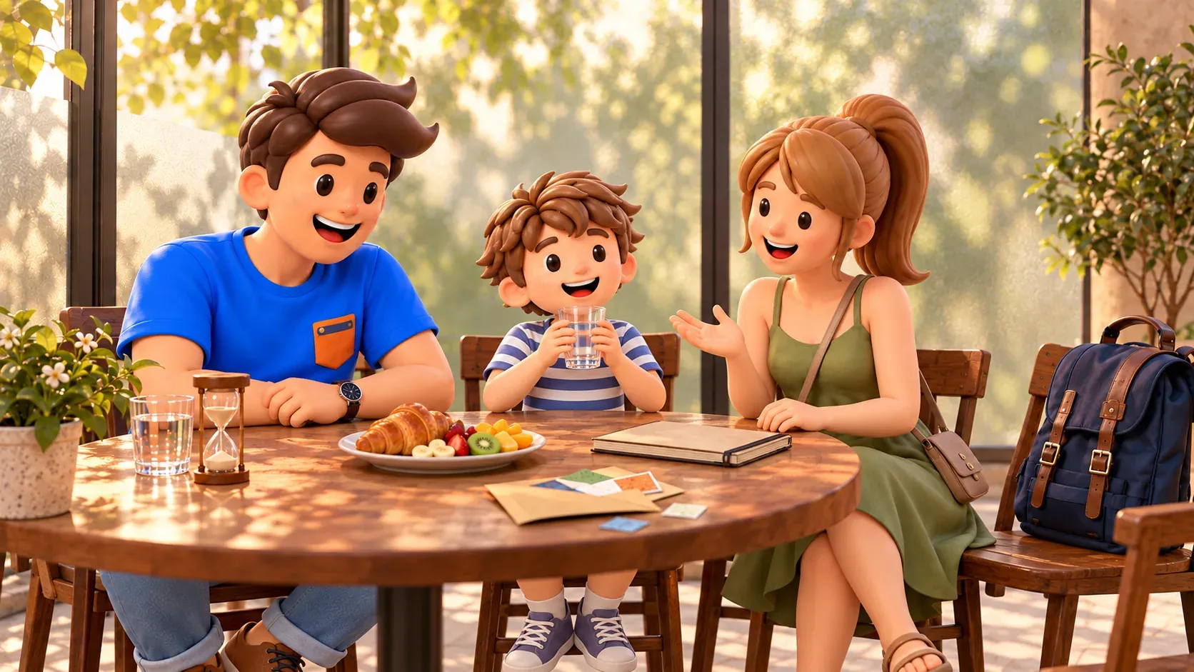 Familienpause mit Kind, Wasser und Snack in einem symbolischen Café, kein bestimmtes Lokal