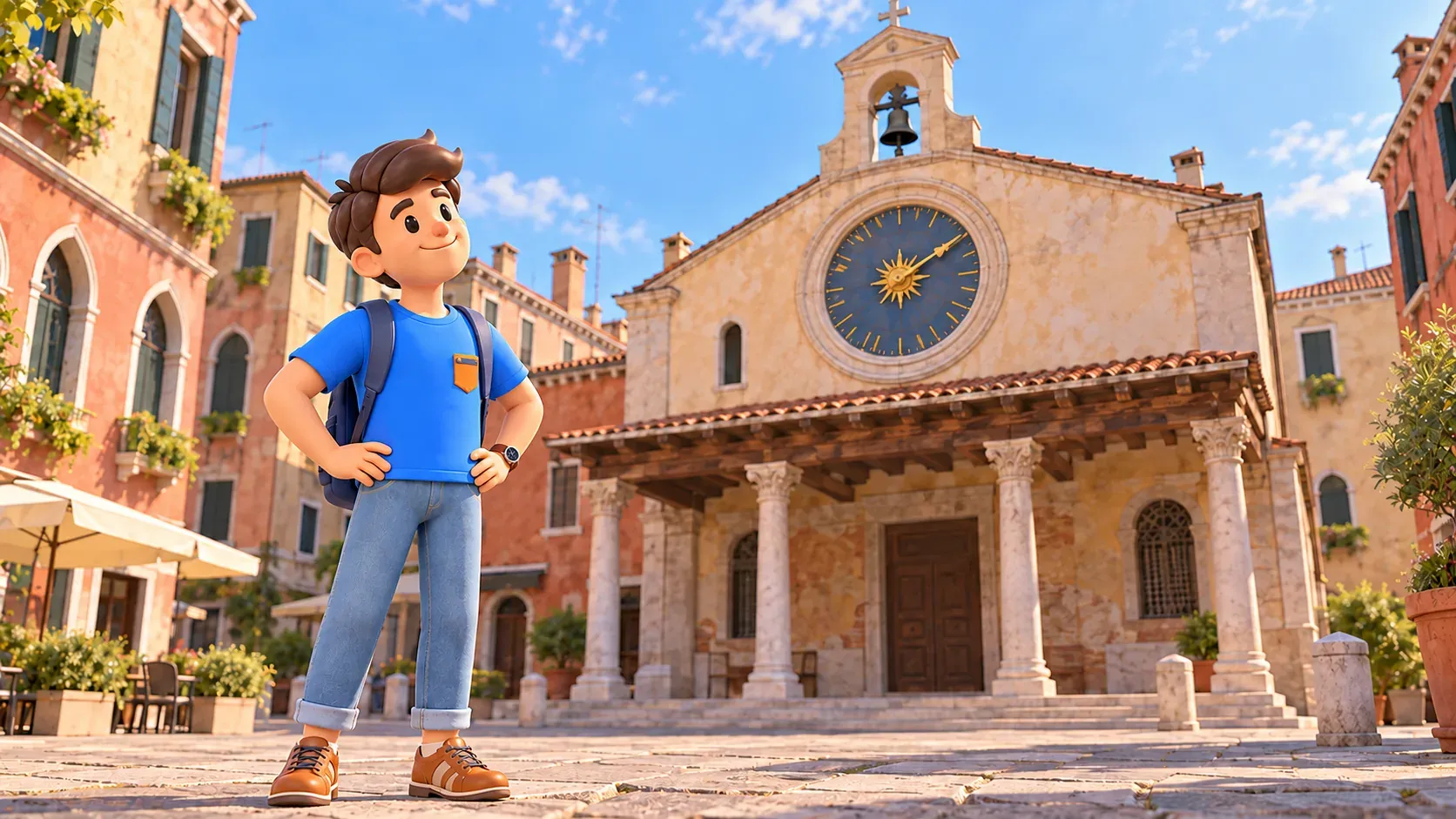 Illustration d’un voyageur devant l’église San Giacomo di Rialto stylisée et sa grande horloge
