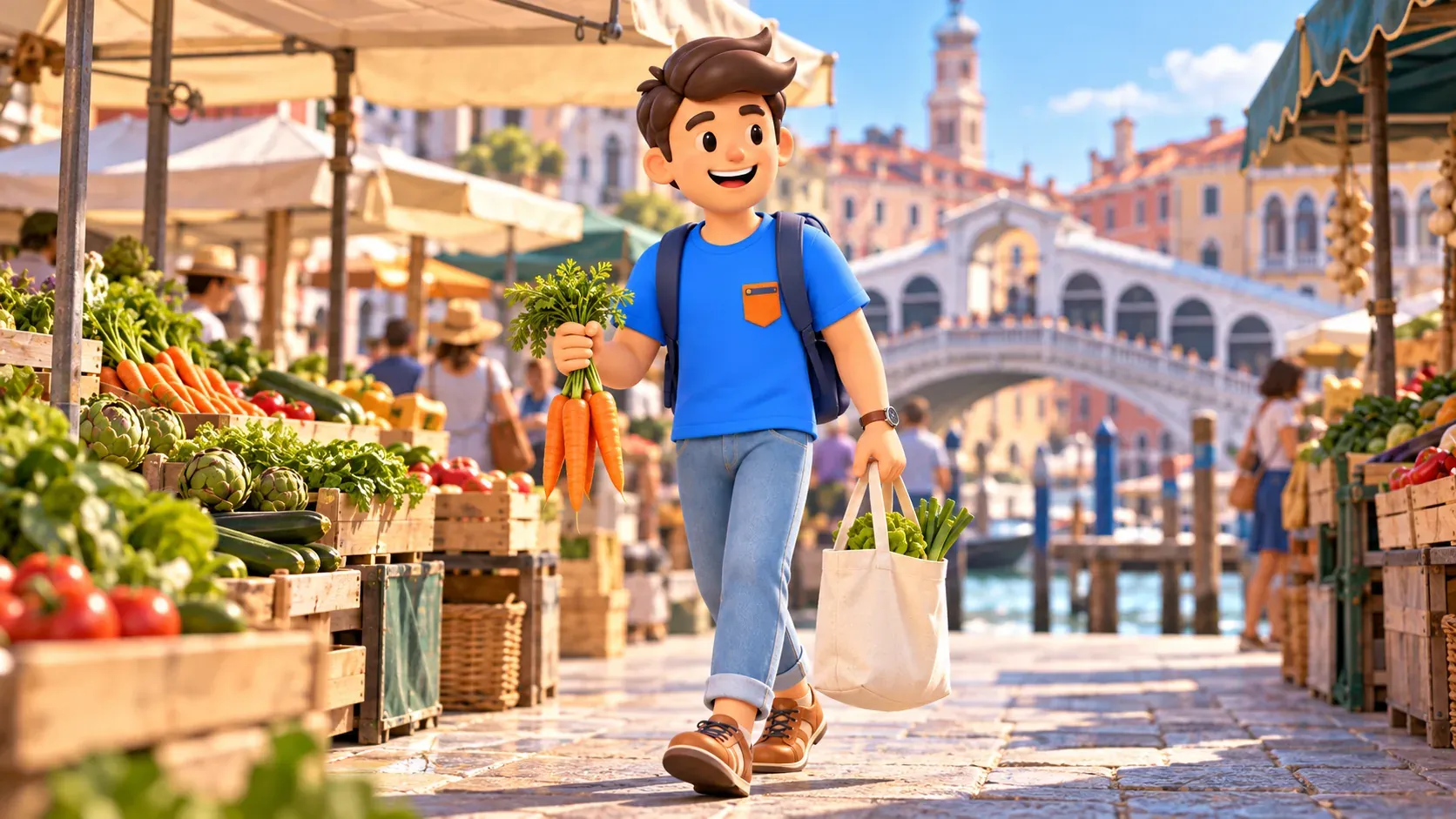 Illustration d’un voyageur avec des carottes et un sac de courses dans un marché du Rialto stylisé