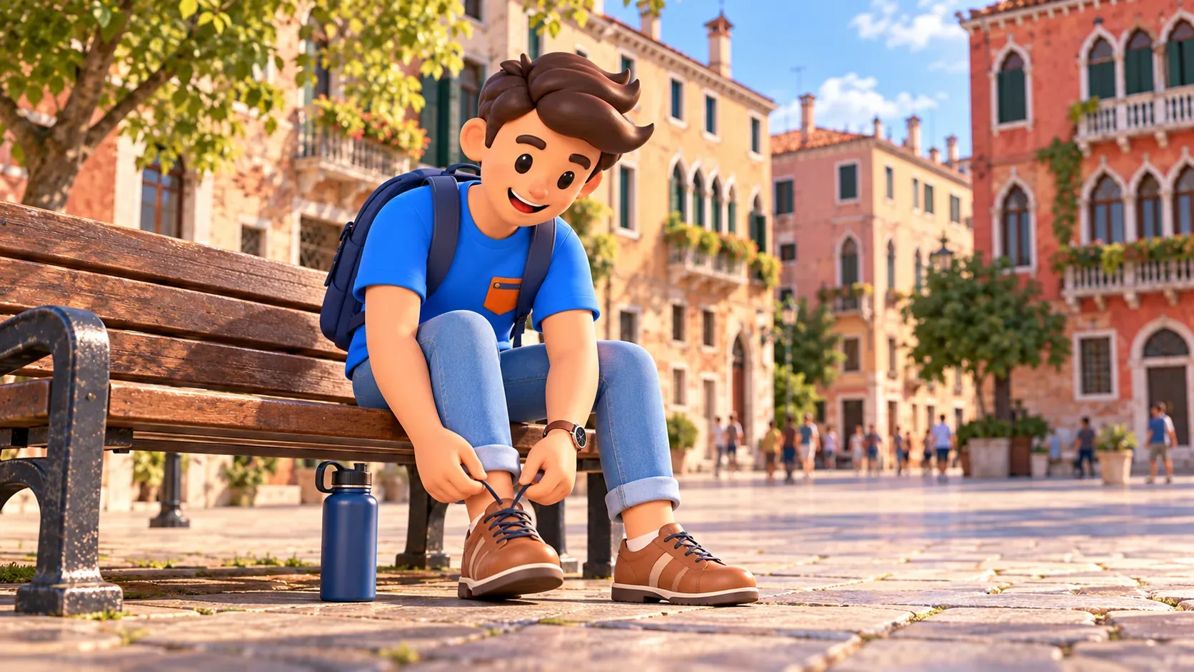 Illustration d’un voyageur nouant son lacet sur un banc près d’un vaste campo à San Polo
