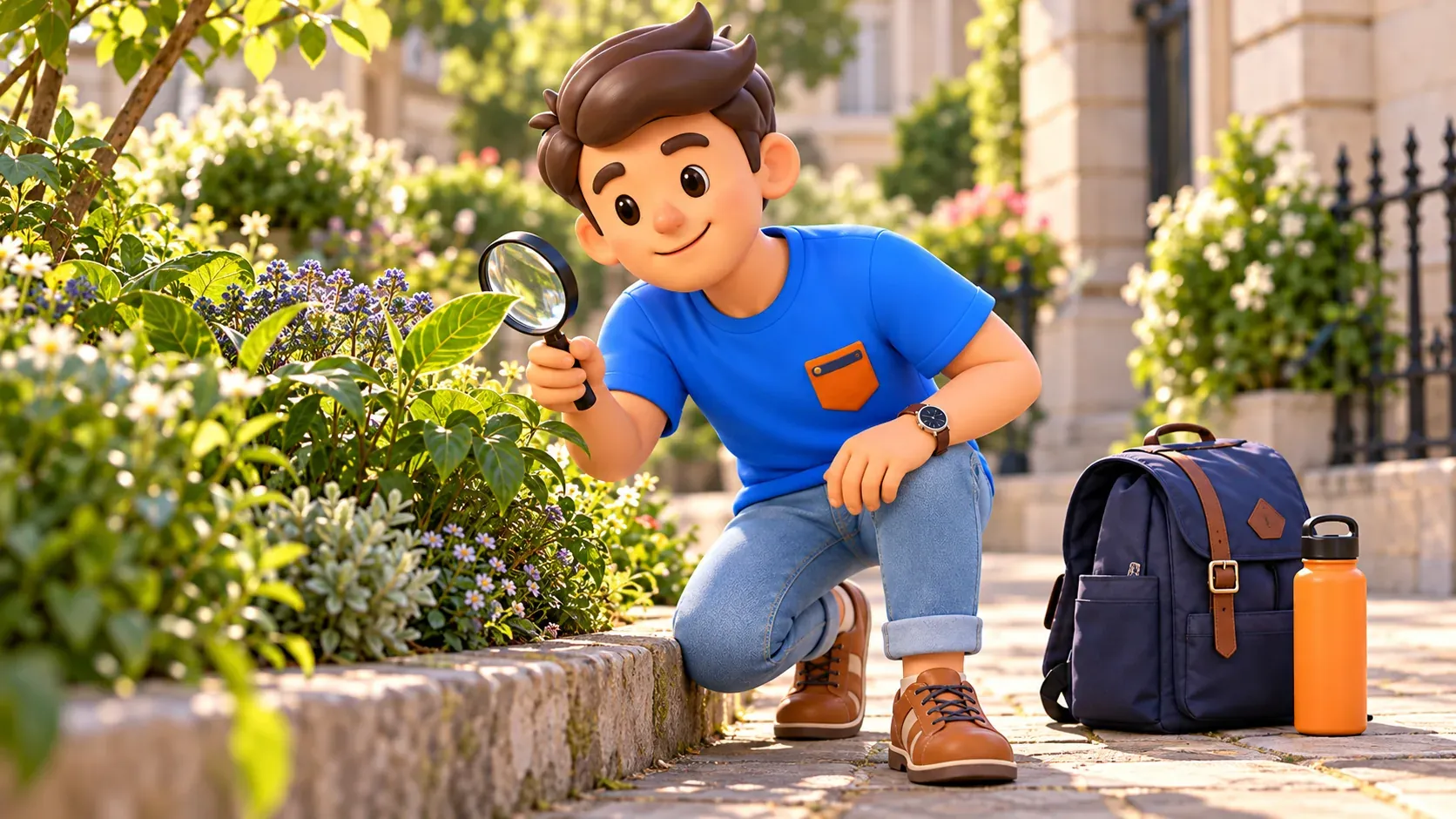 Illustration of a traveller observing a leaf through a magnifying glass in an urban garden