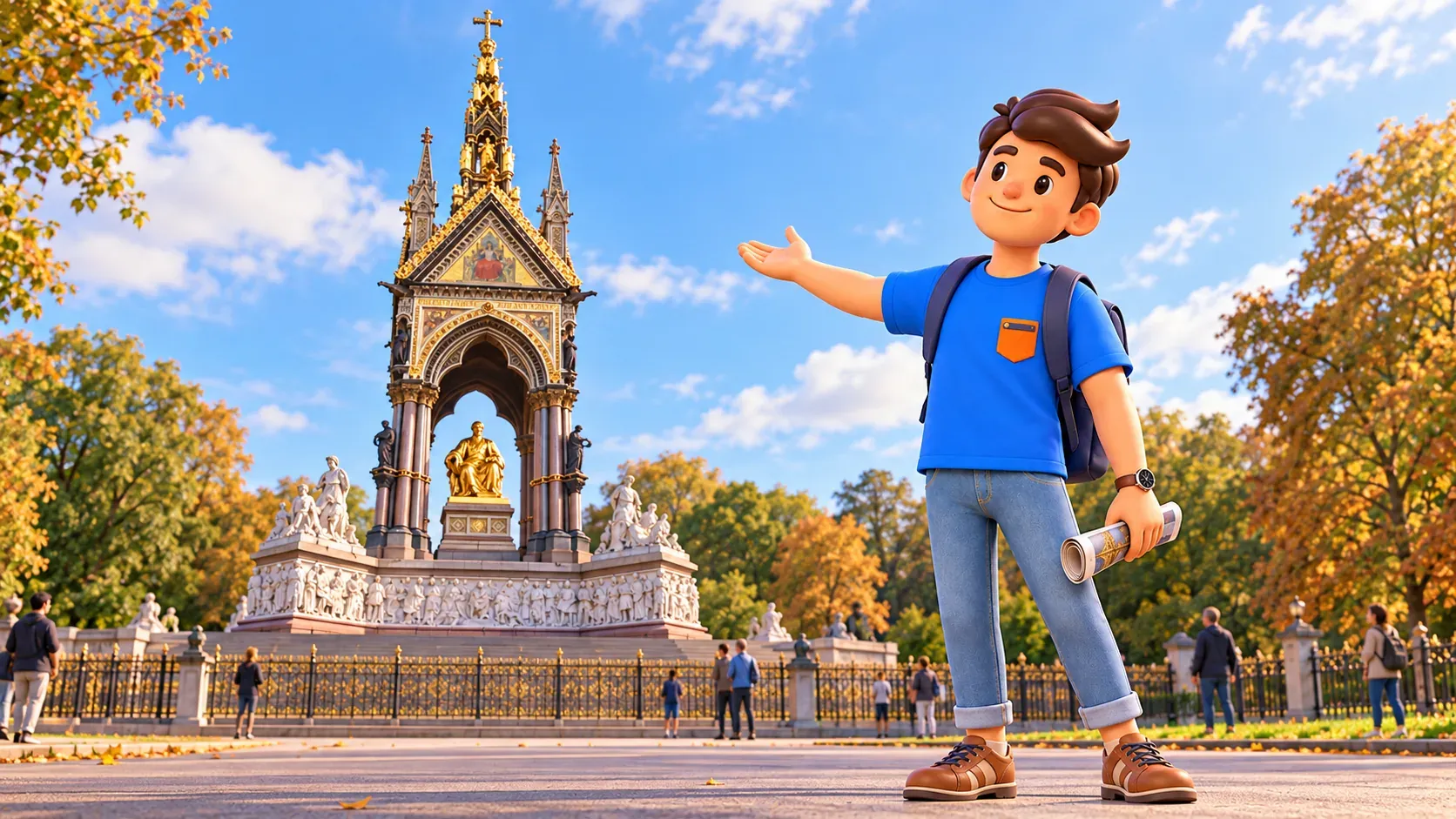 Illustration of a traveller by the Albert Memorial in Kensington Gardens
