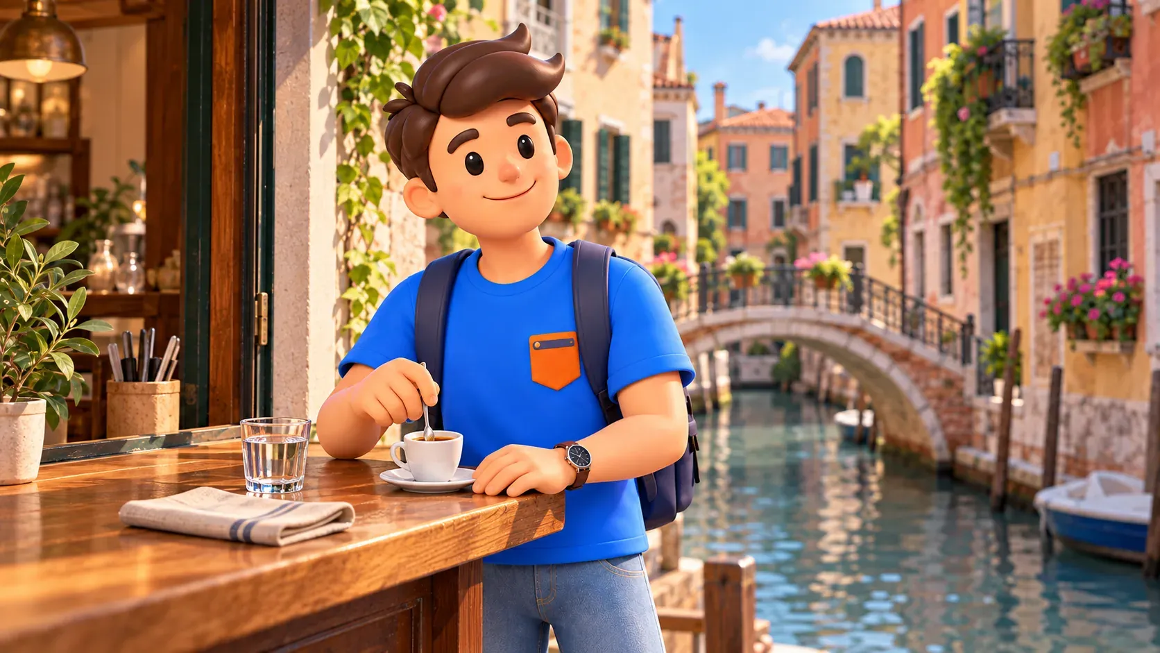 Ilustración de un viajero removiendo un espresso en una barra junto a un pequeño canal veneciano