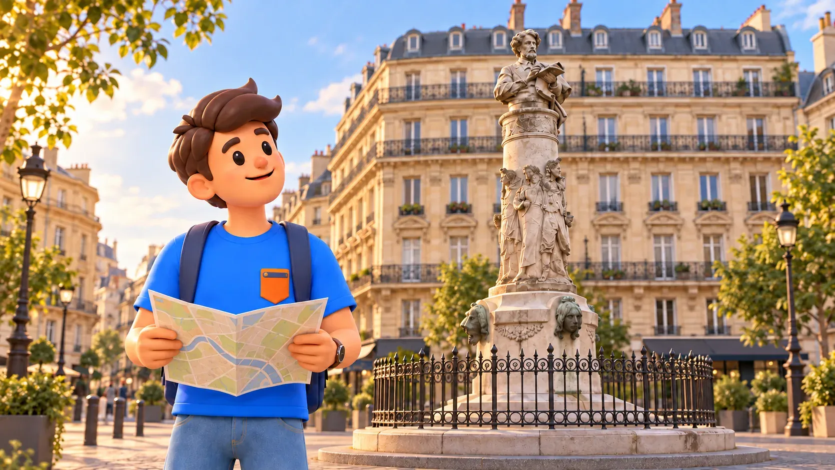 Un viajero con mapa junto al monumento a Gavarni en Place Saint-Georges