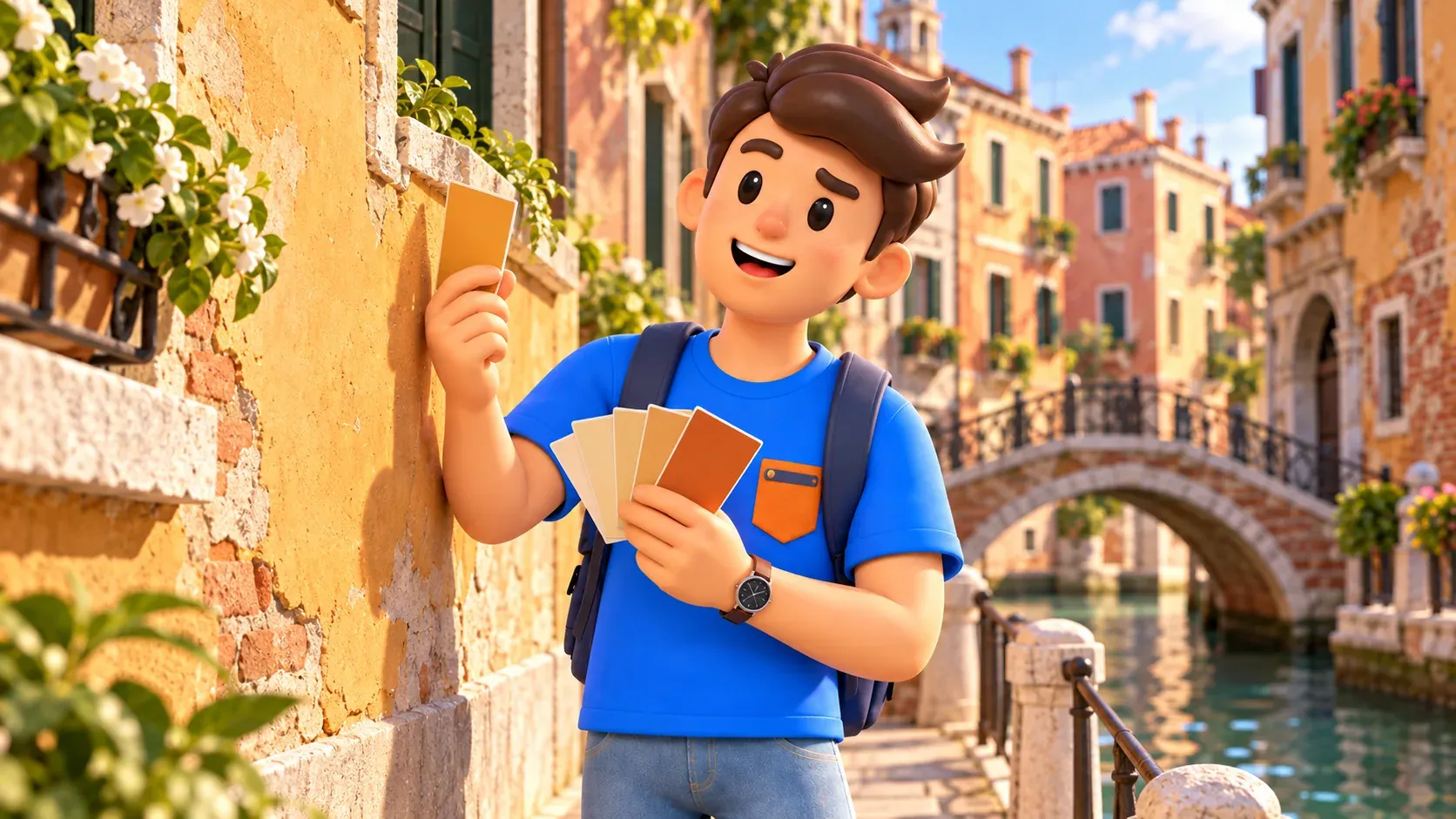 Illustration of a traveler comparing color swatches with an ochre façade in Dorsoduro