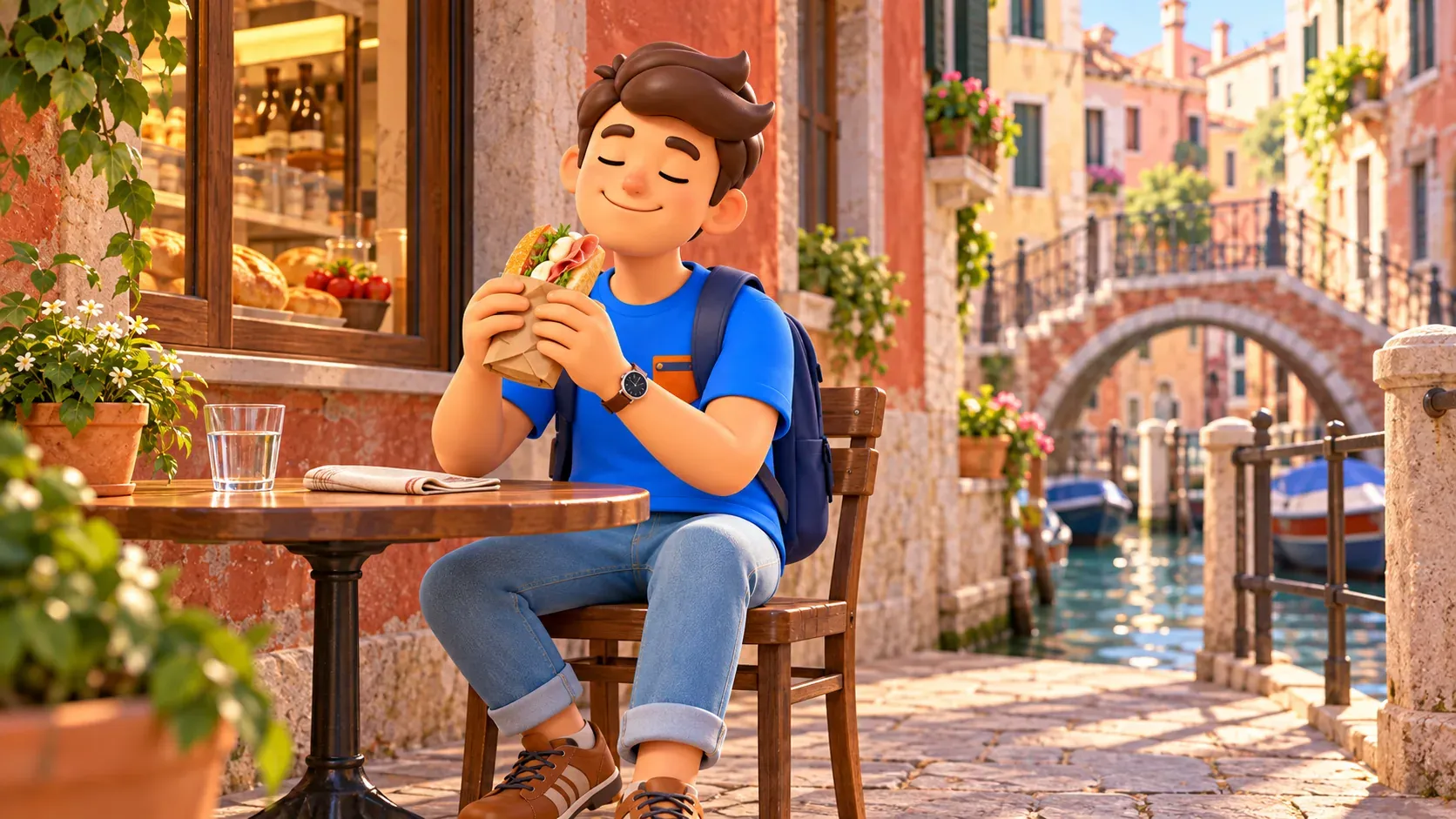 Illustration of a traveler with a panino at a small table during a break in Dorsoduro