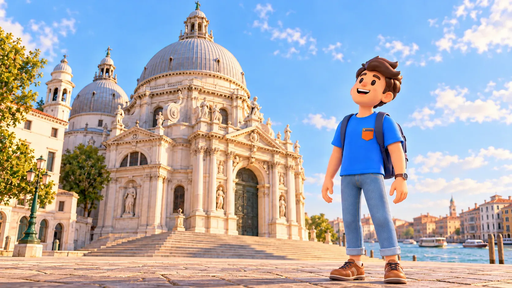 Illustration of a traveler looking up at a stylized Salute basilica by the Grand Canal