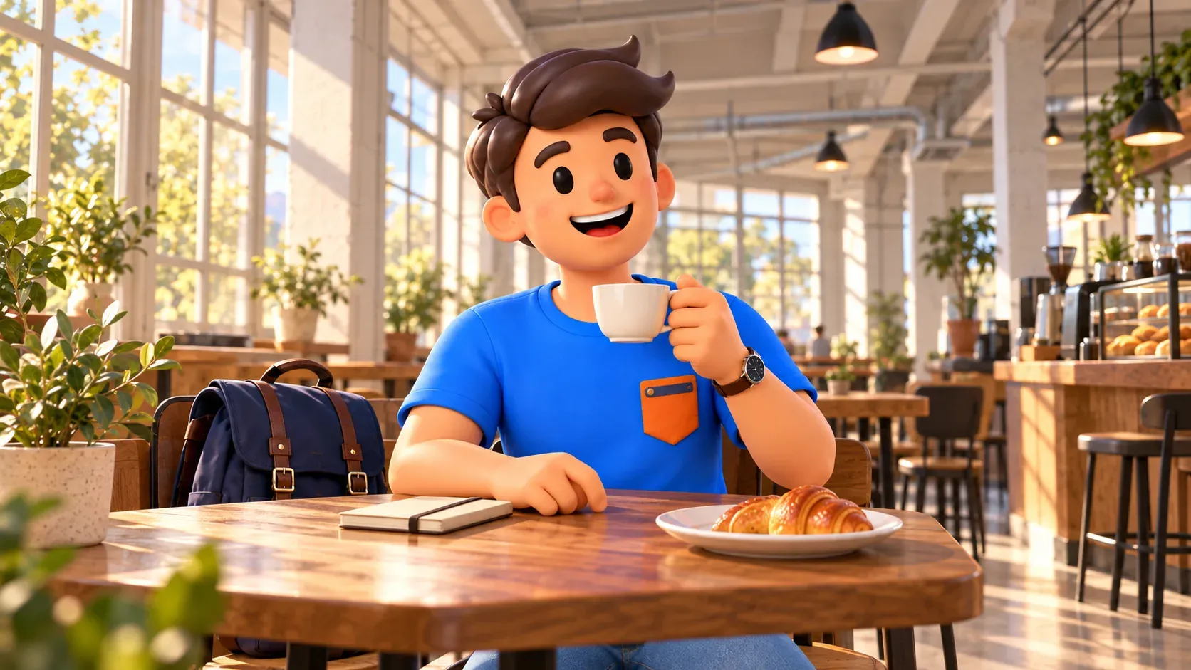 Illustration eines Reisenden mit Tasse in einem von BASE inspirierten Industriecafé; atmosphärische Szene.