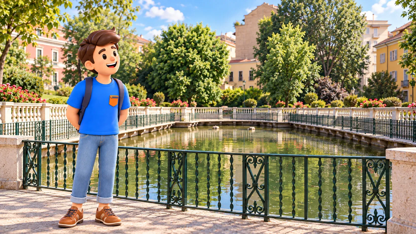 Illustration of a traveller looking at Guastalla’s historic basin from outside its railing.
