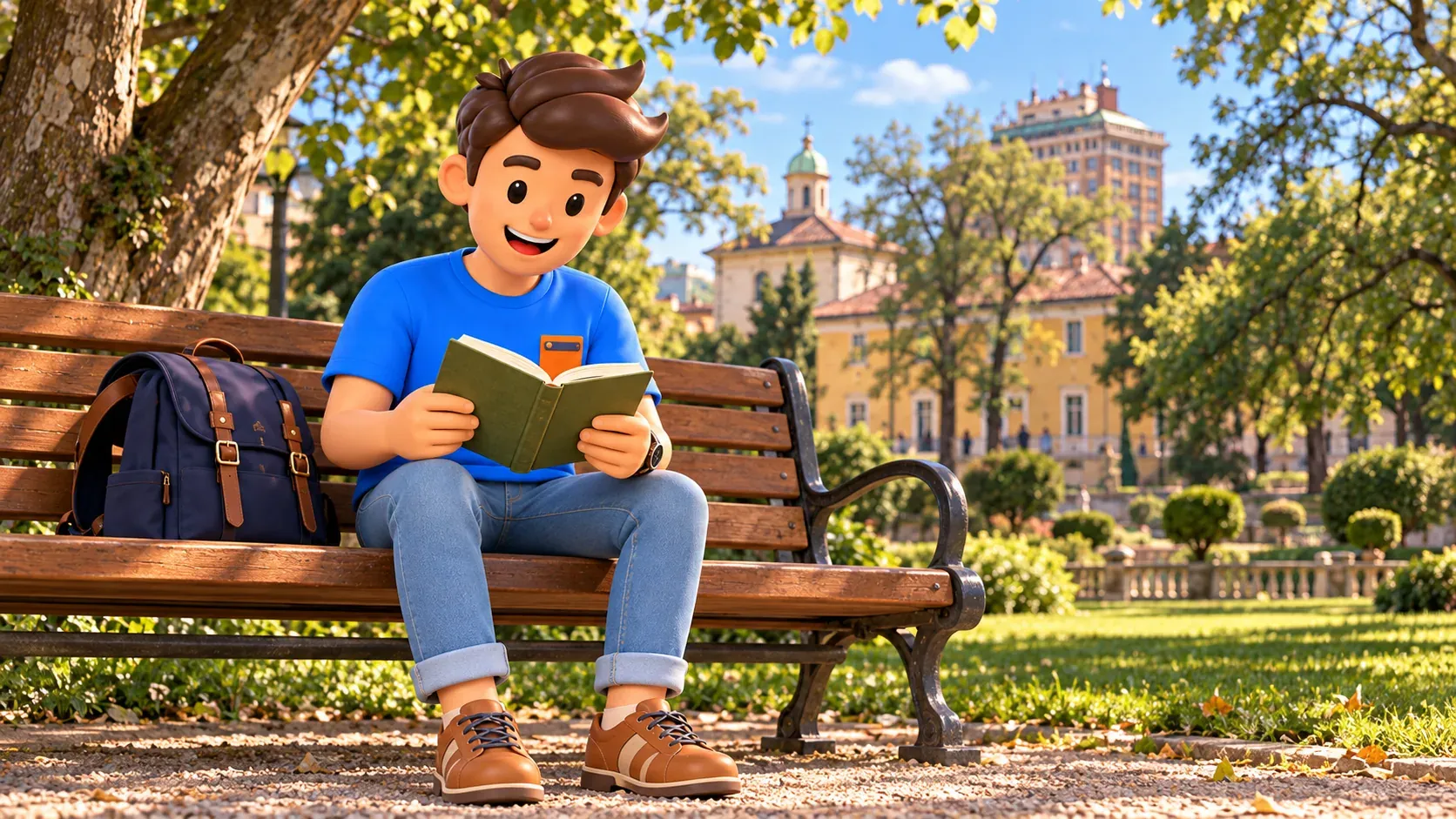 Illustration of a traveller reading a botanical book on a bench in the Guastalla Gardens.