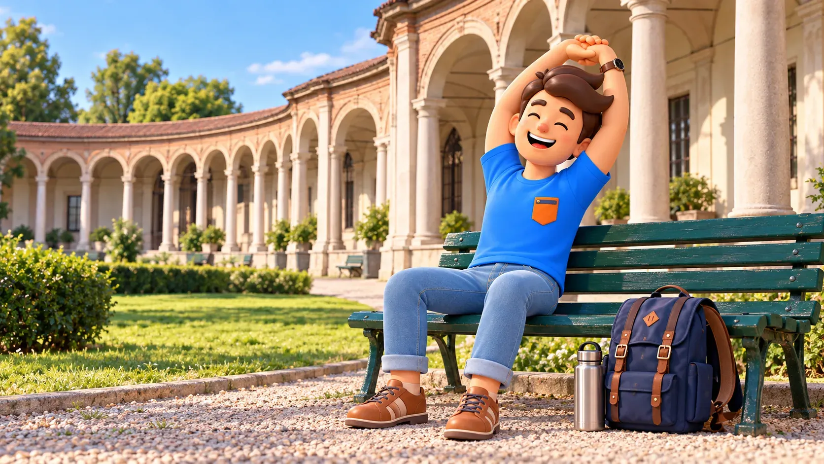 Illustration of a traveller stretching while seated on a garden bench at Rotonda della Besana.