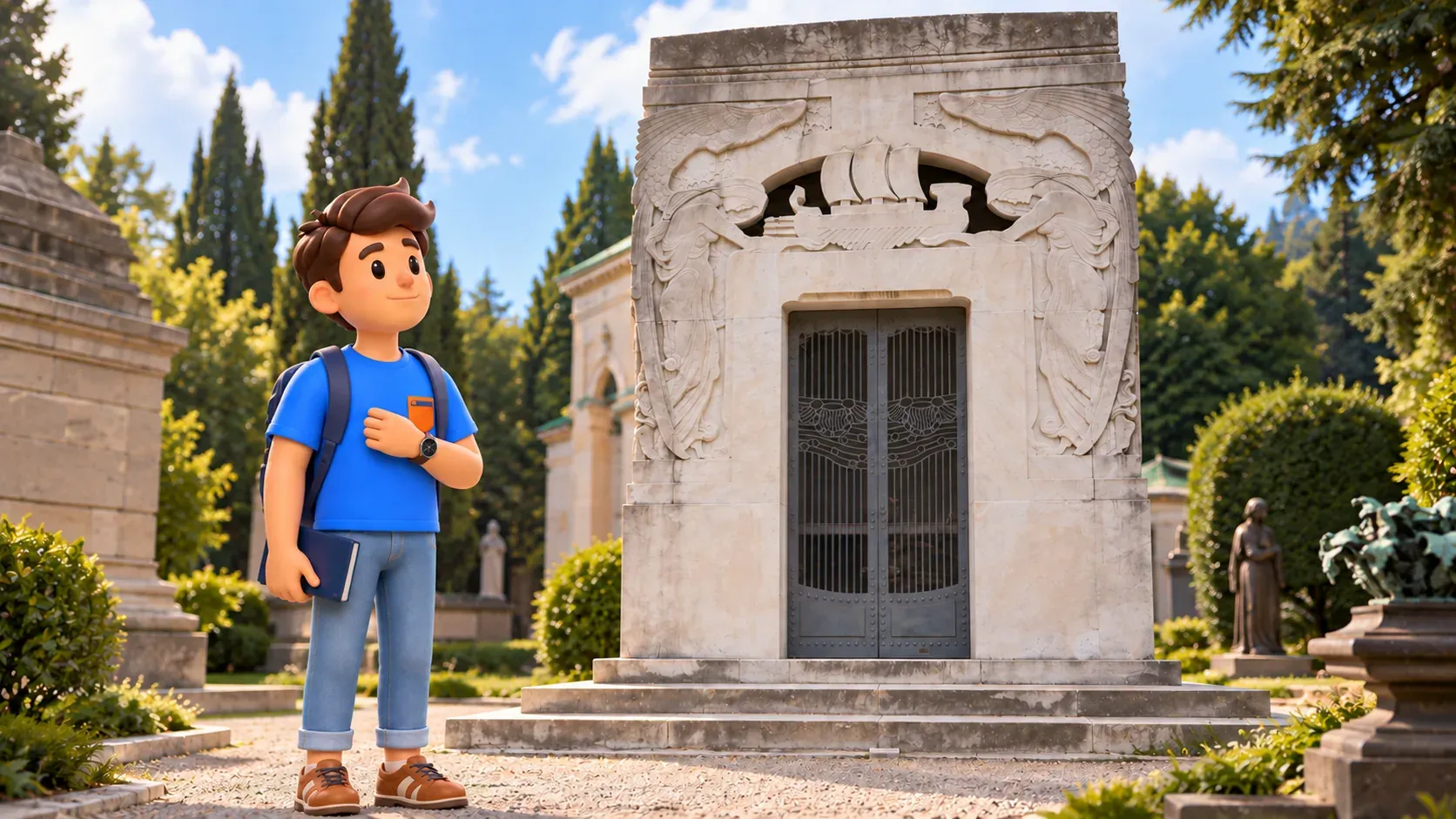 Ilustración de un viajero con un cuaderno junto al monumento Toscanini de mármol y su relieve de barco.