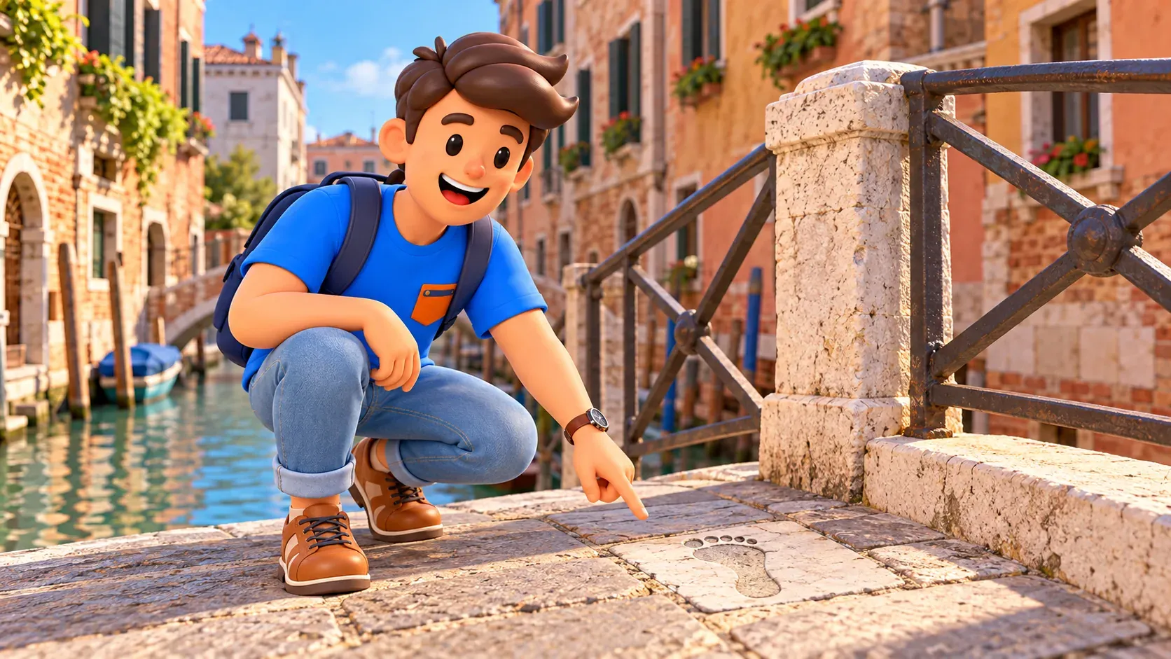 Illustration of a traveler examining a stone footprint on a stylized Ponte dei Pugni