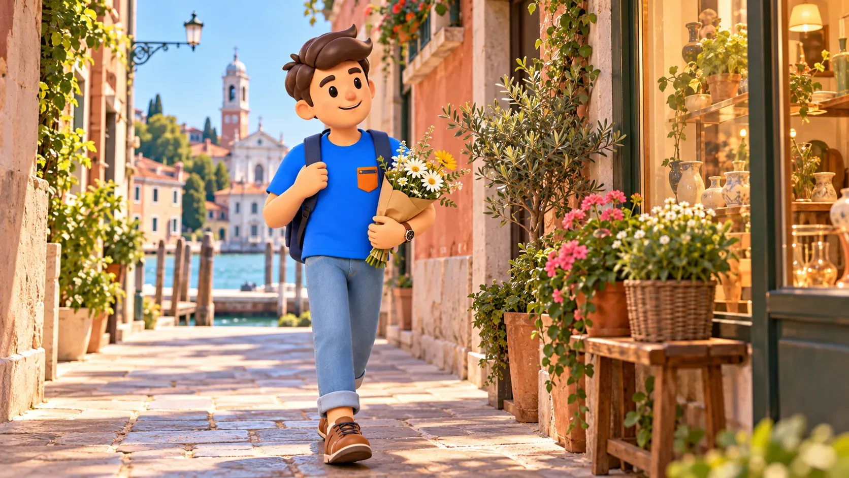 Illustration of a traveler carrying daisies along a lane in Dorsoduro