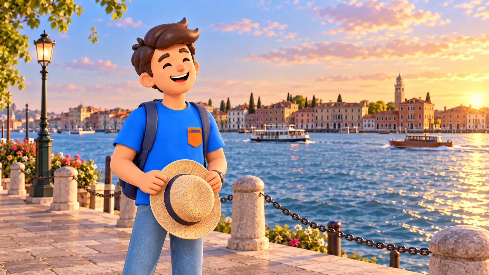 Illustration of a traveler holding a straw hat on a waterfront beside the Giudecca Canal
