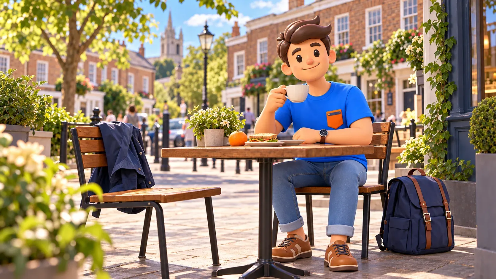 Illustration eines Reisenden beim Mittagessen in einem Straßencafé nach dem Vorbild von Highgate Village