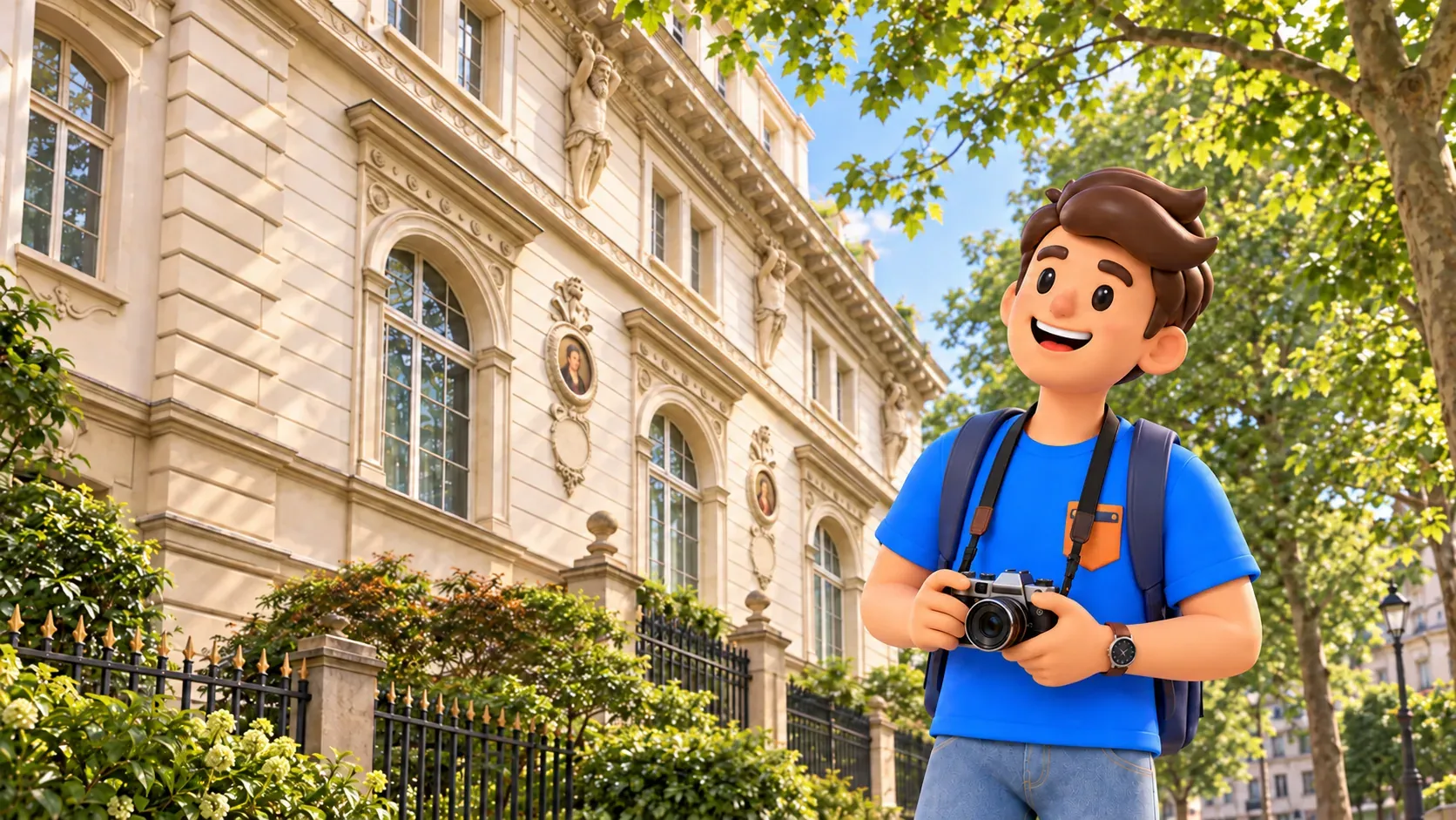 A traveler with a camera beside the Cernuschi museum façade with medallions and sculptures