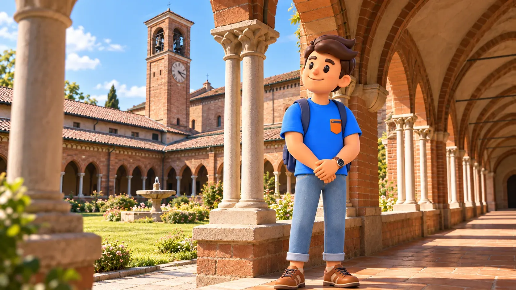 Illustration of a traveller in Chiaravalle’s brick cloister gallery, looking towards the courtyard and square bell tower.
