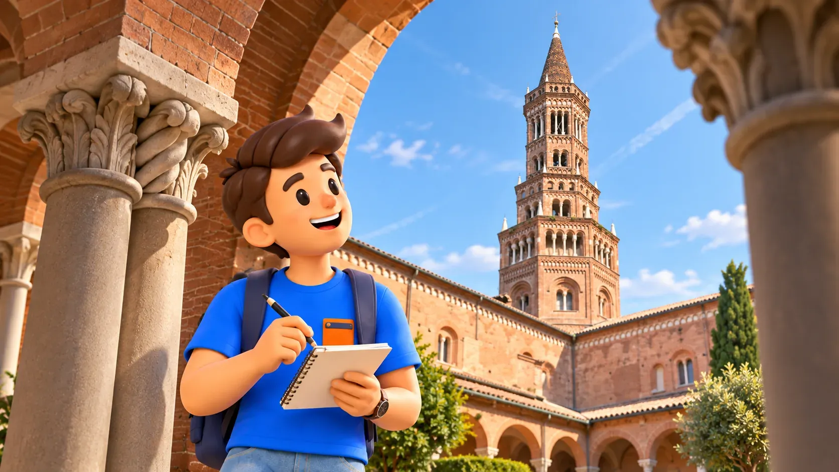 Illustration of a traveller holding a sketchbook beneath a cloister arch framing the Ciribiciaccola tower.