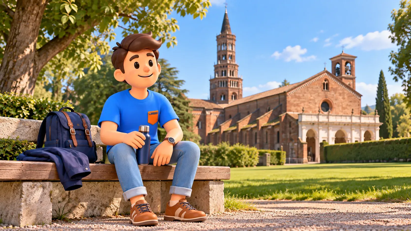 Illustration of a traveller resting on a bench near Chiaravalle with a closed water bottle; an atmospheric scene.