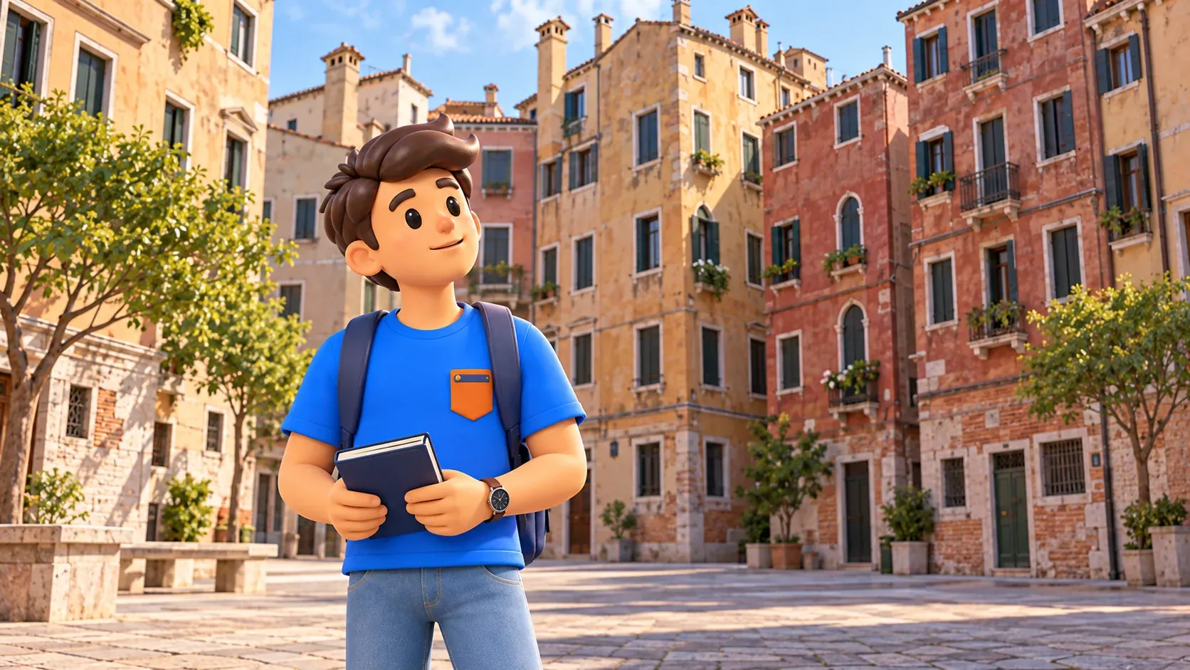 Illustration of a traveler holding a closed book and observing the tall houses of the Ghetto
