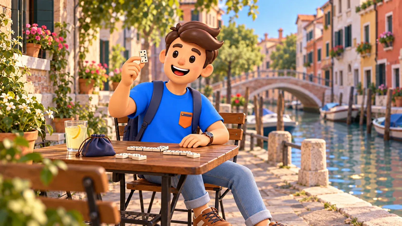 Illustration of a traveler arranging dominoes at a canalside café table in Cannaregio