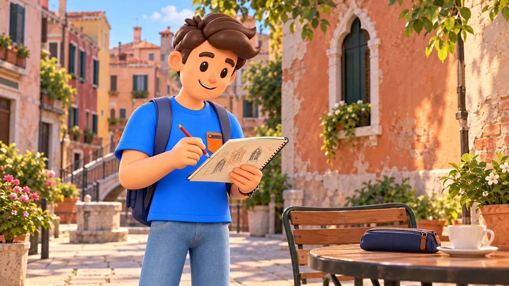 Illustration of a traveler sketching windows with a red pencil in Cannaregio
