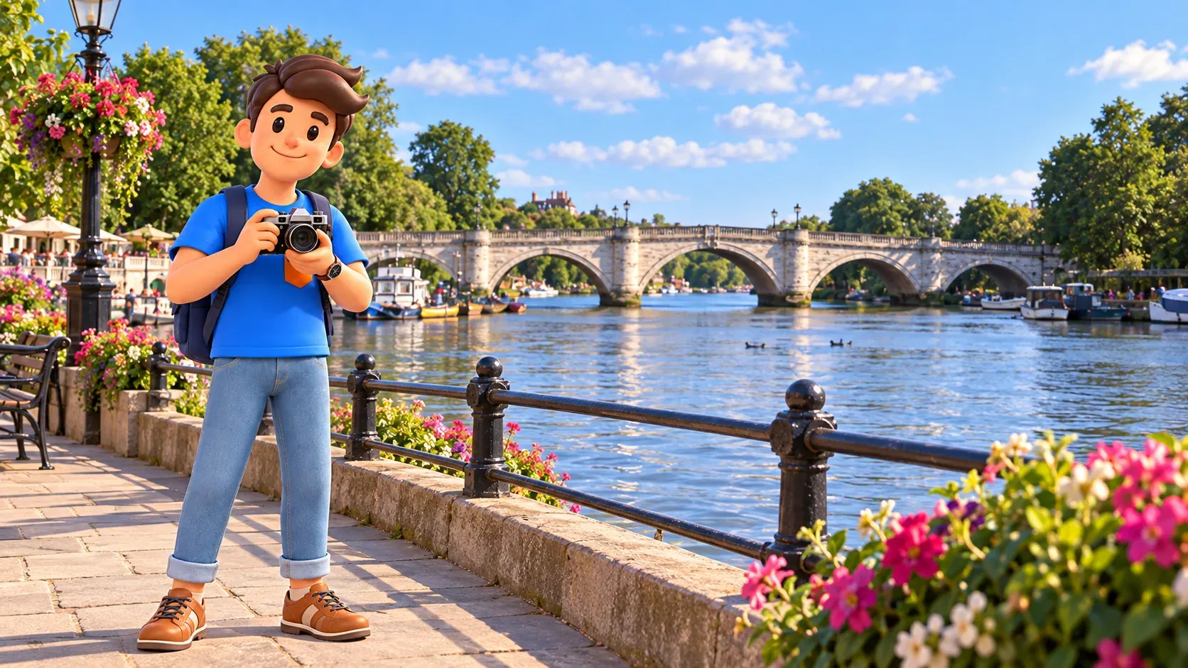 Illustration eines Reisenden mit Kamera an Richmond Bridge