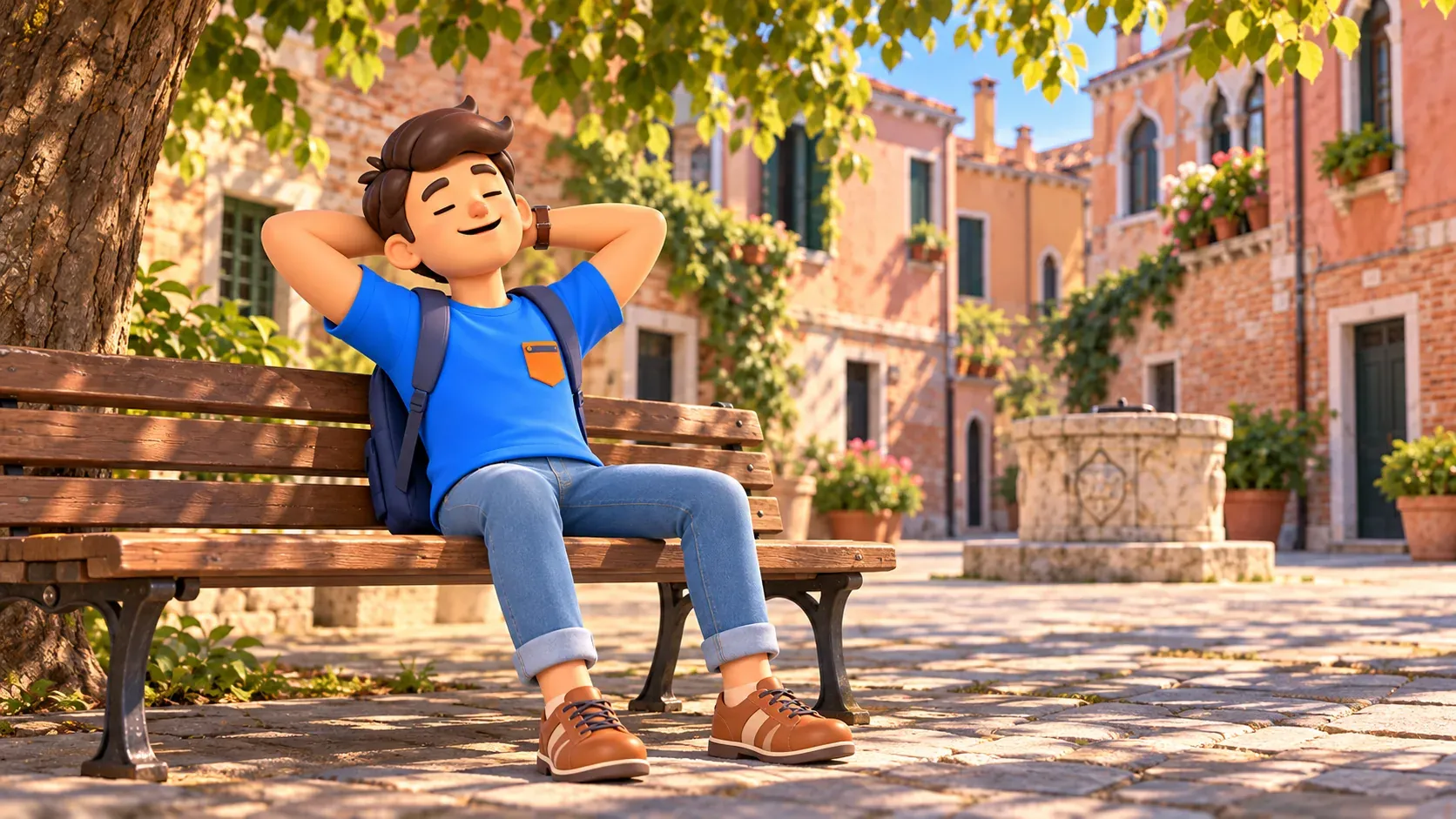 Ilustración de un viajero descansando en un banco a la sombra en una pequeña plaza veneciana