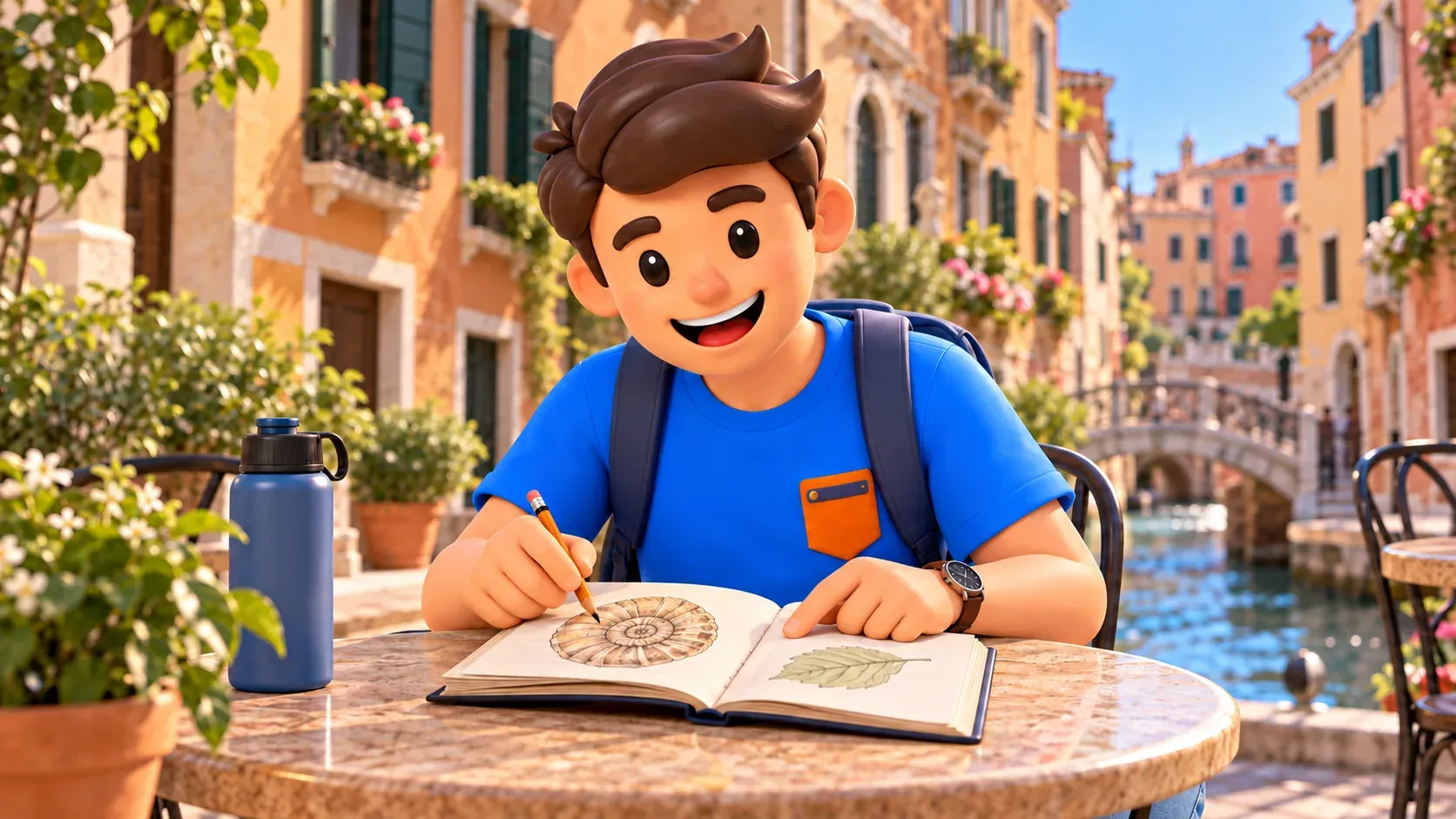Ilustración de un viajero señalando con un lápiz el dibujo de una amonita en un libro en una mesa de café