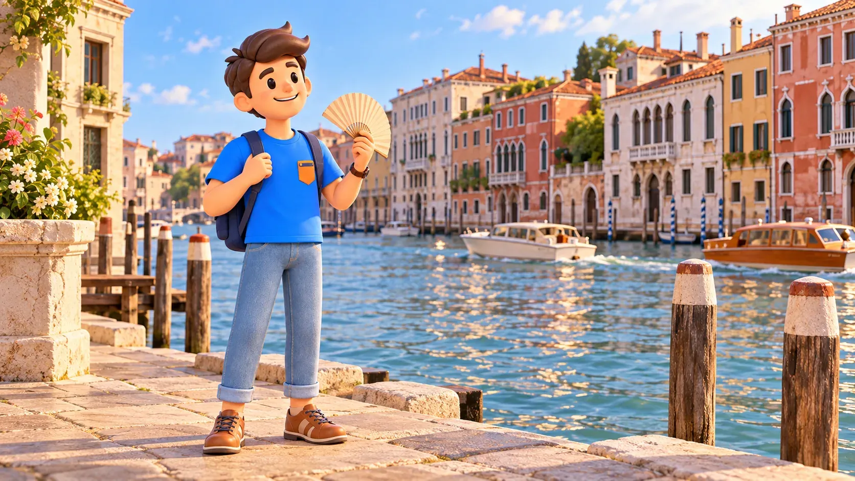 Ilustración de un viajero con un abanico de papel junto al Gran Canal en Santa Croce