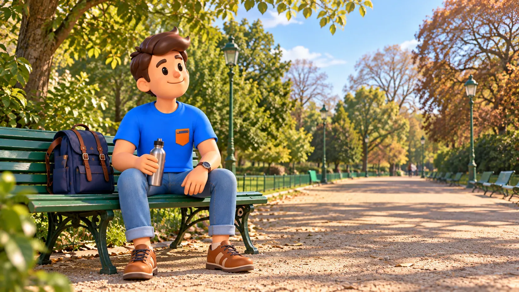 A traveler rests with a water bottle on a green bench in Parc Monceau