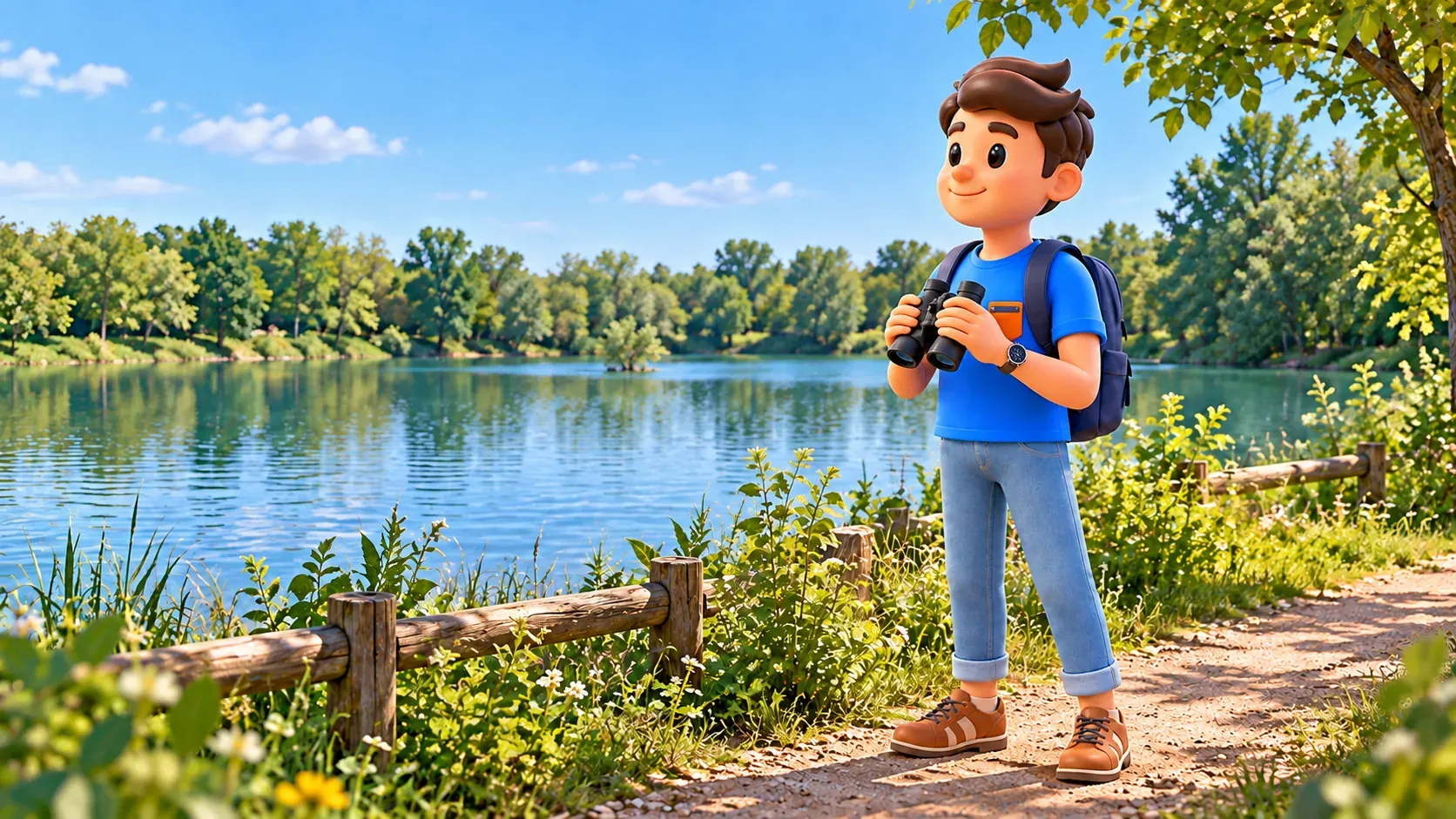 Illustration d’un voyageur tenant ses jumelles baissées sur un chemin au bord d’un lac du Parco delle Cave.