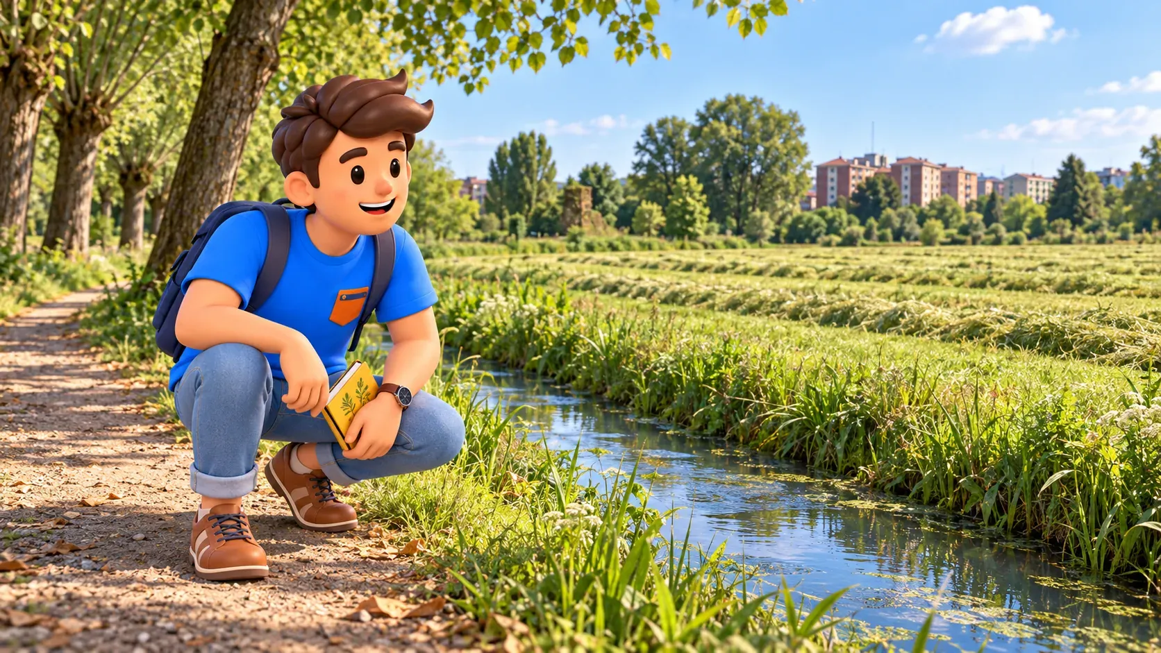 Illustration d’un voyageur sur un chemin près d’un canal d’irrigation et d’une prairie fauchée au Parco delle Cave.