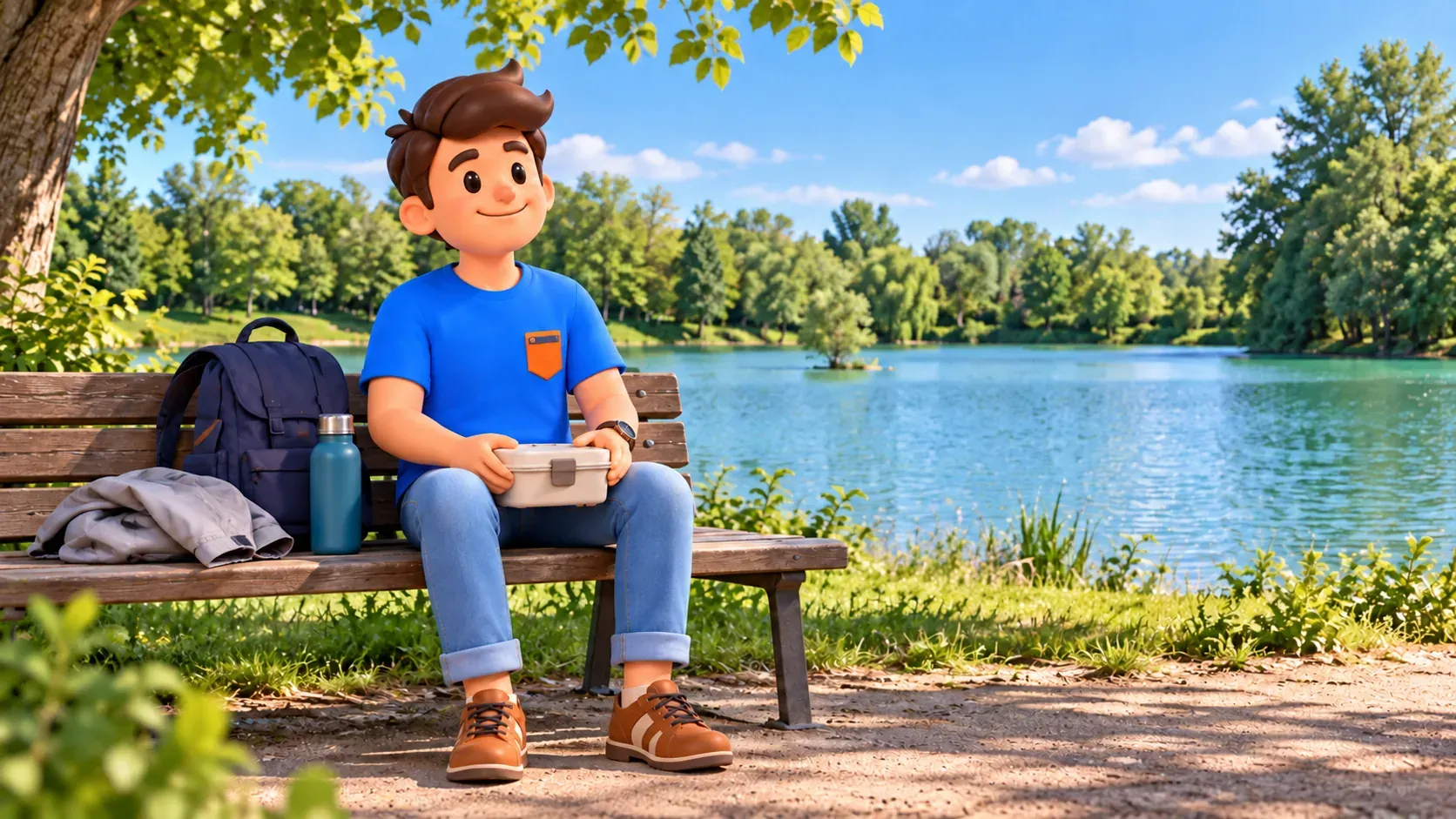 Illustration d’un voyageur au repos avec une boîte repas fermée près d’un lac ; scène évocatrice du Parco delle Cave.