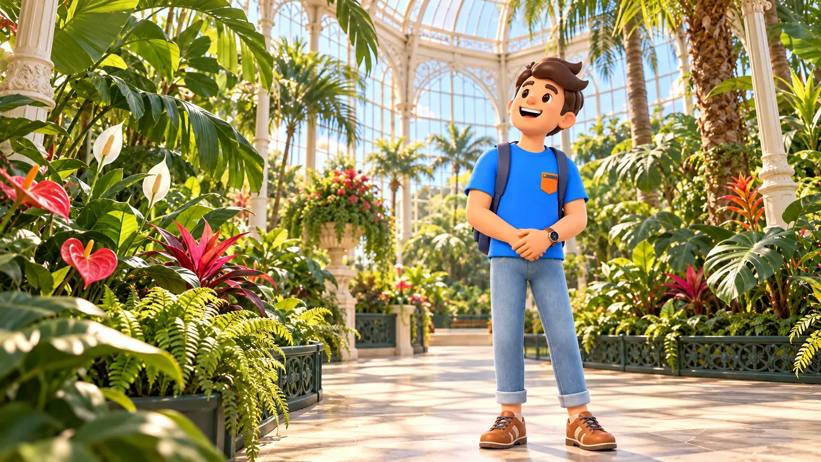 Illustration d’un voyageur parmi des plantes tropicales dans une serre victorienne