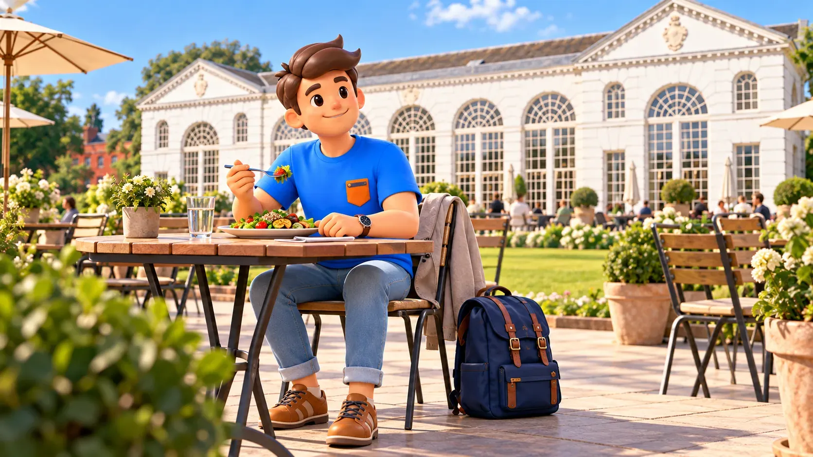 Illustration d’un voyageur prenant un repas léger près de l’Orangery à Kew