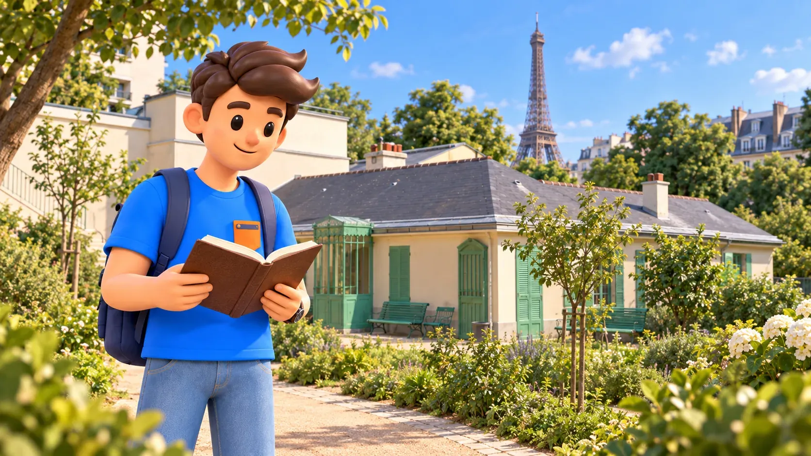 Un viajero lee un libro en el jardín de la Casa de Balzac con la Torre Eiffel al fondo