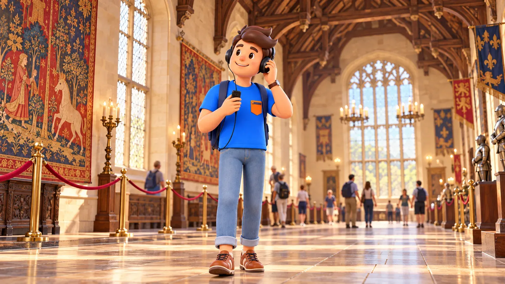 Illustration of a traveller using an audio guide in a Tudor-style hall