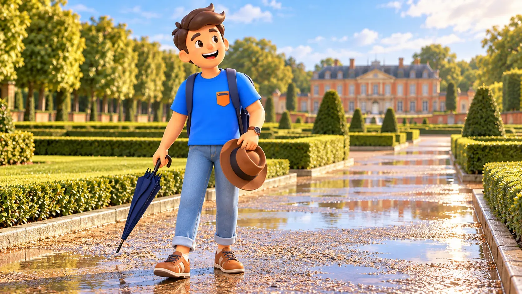 Illustration of a traveller with a closed umbrella and hat in a formal garden after rain
