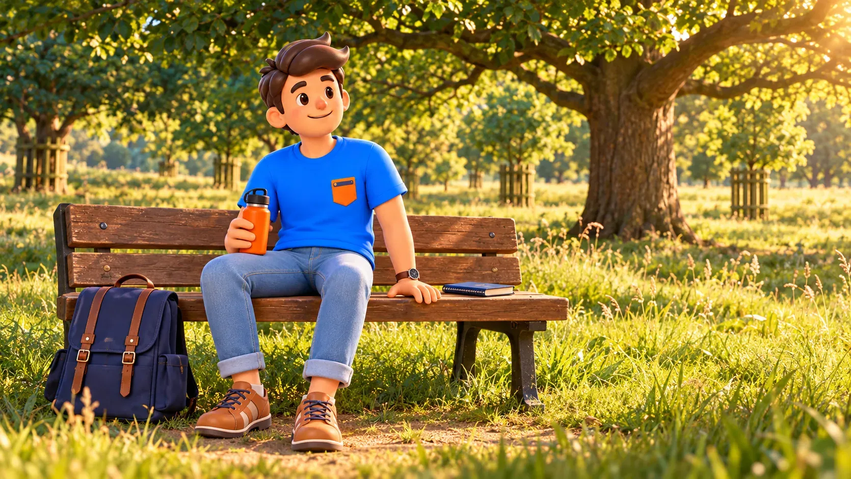 Illustration of a traveller resting on a bench in a landscape inspired by Bushy Park