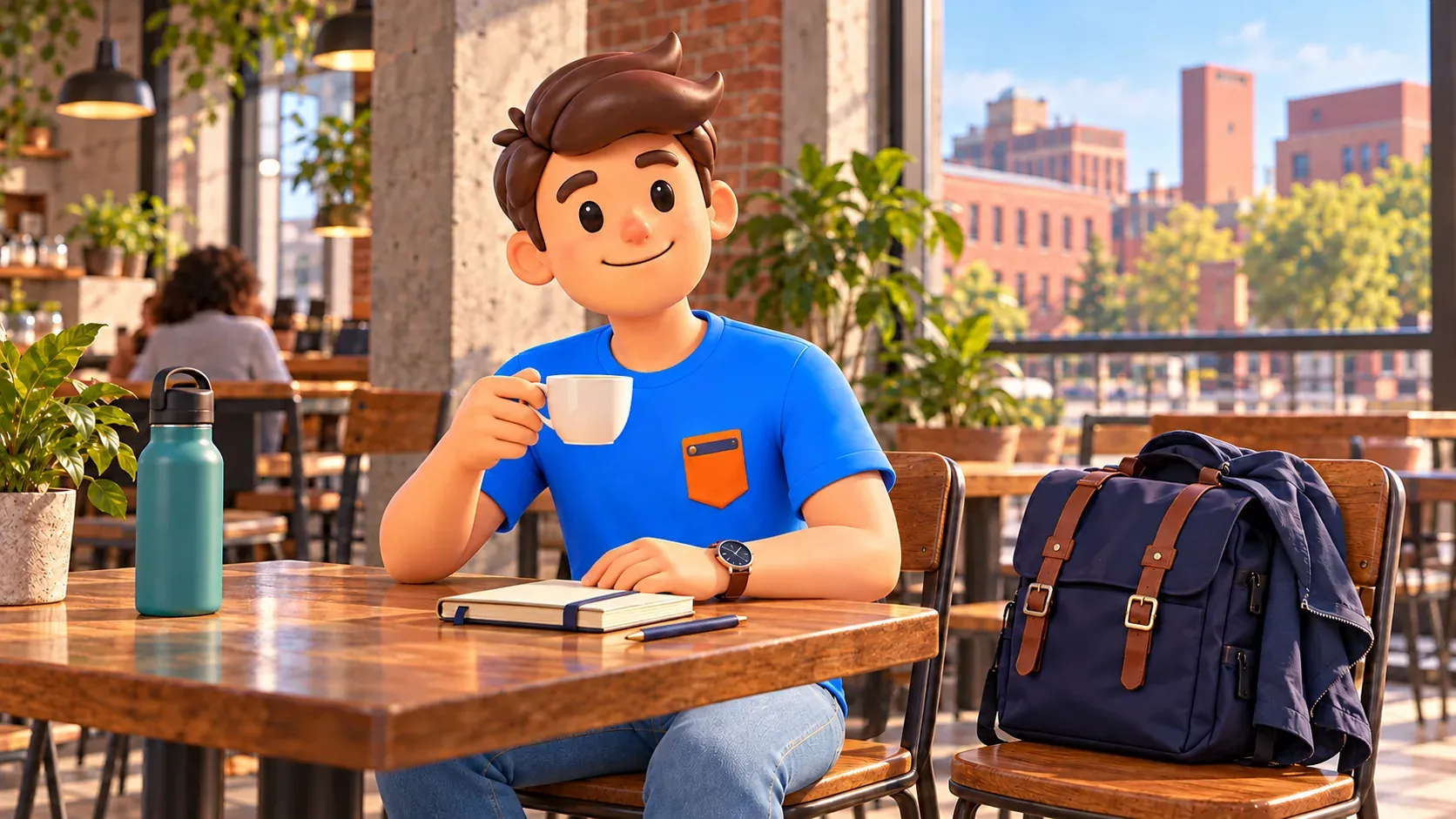 Illustration einer Kaffeepause in einem beispielhaften Café im Industrieviertel; Rucksack und Jacke auf dem Nachbarstuhl.