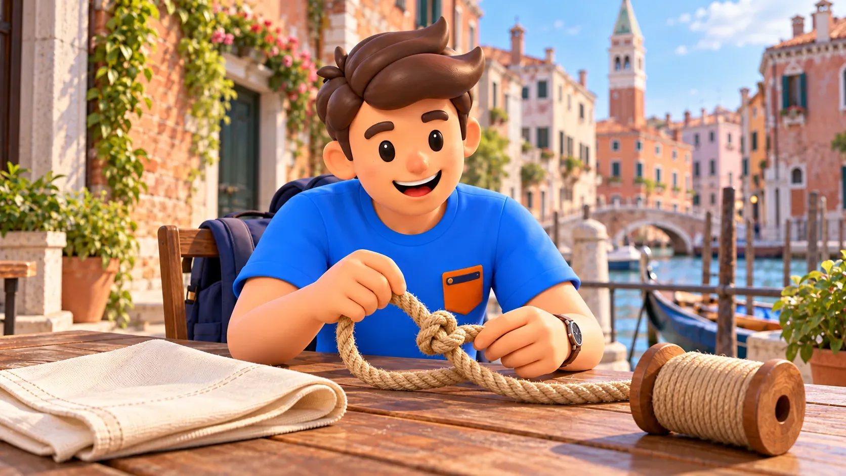 Illustration of a traveler examining a rope knot beside sailcloth and a wooden spool