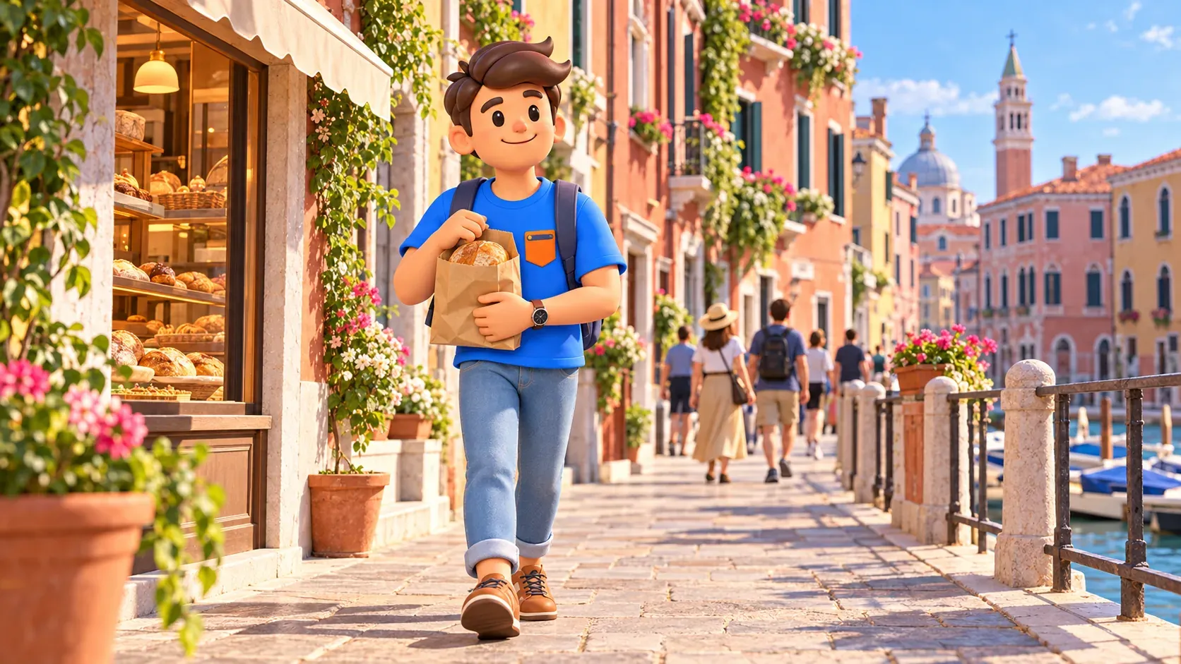 Illustration of a traveler carrying bread in a paper bag outside a Venetian bakery