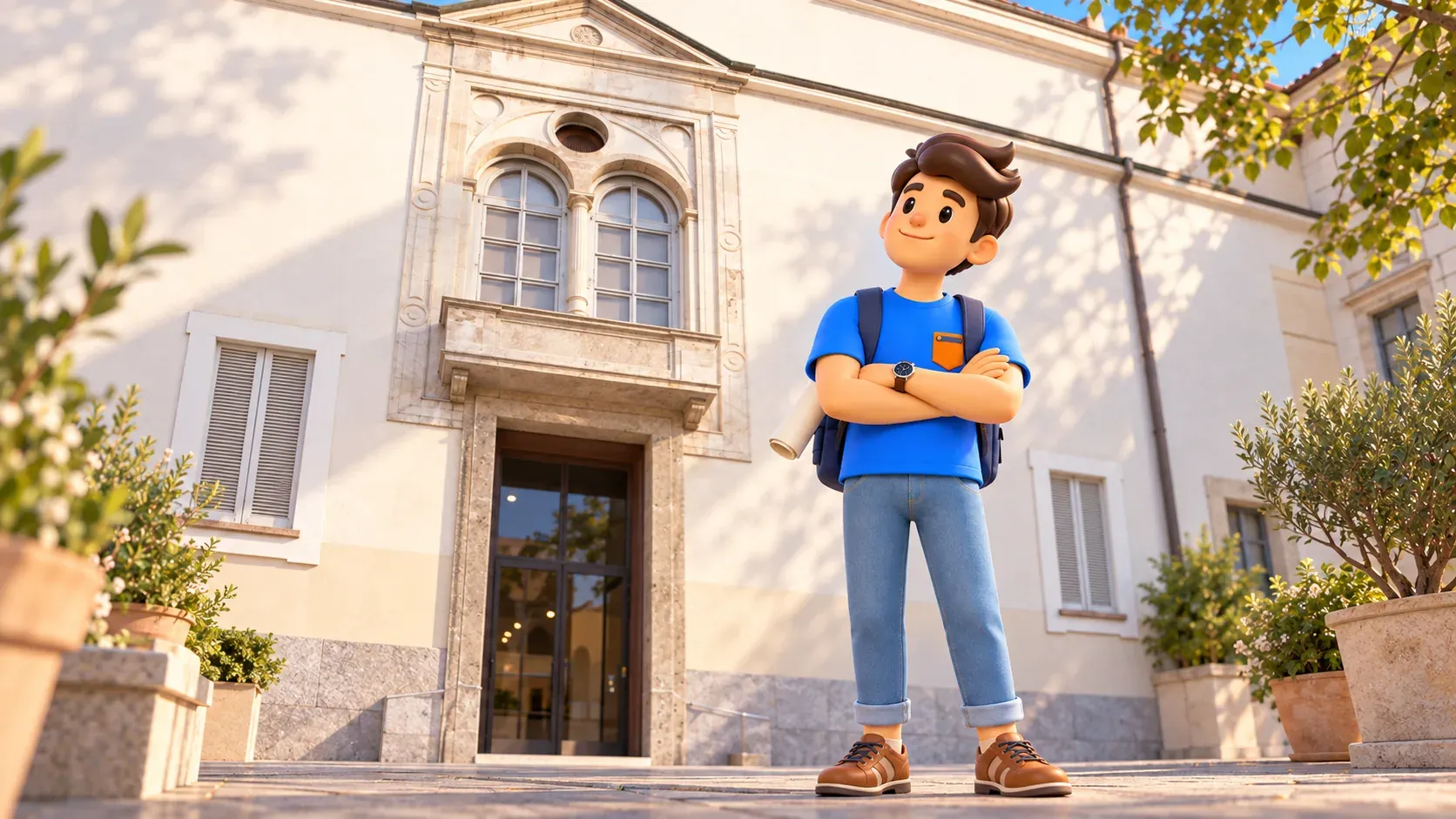 Illustration of a thoughtful traveller outside the Science and Technology Museum entrance on Via San Vittore.