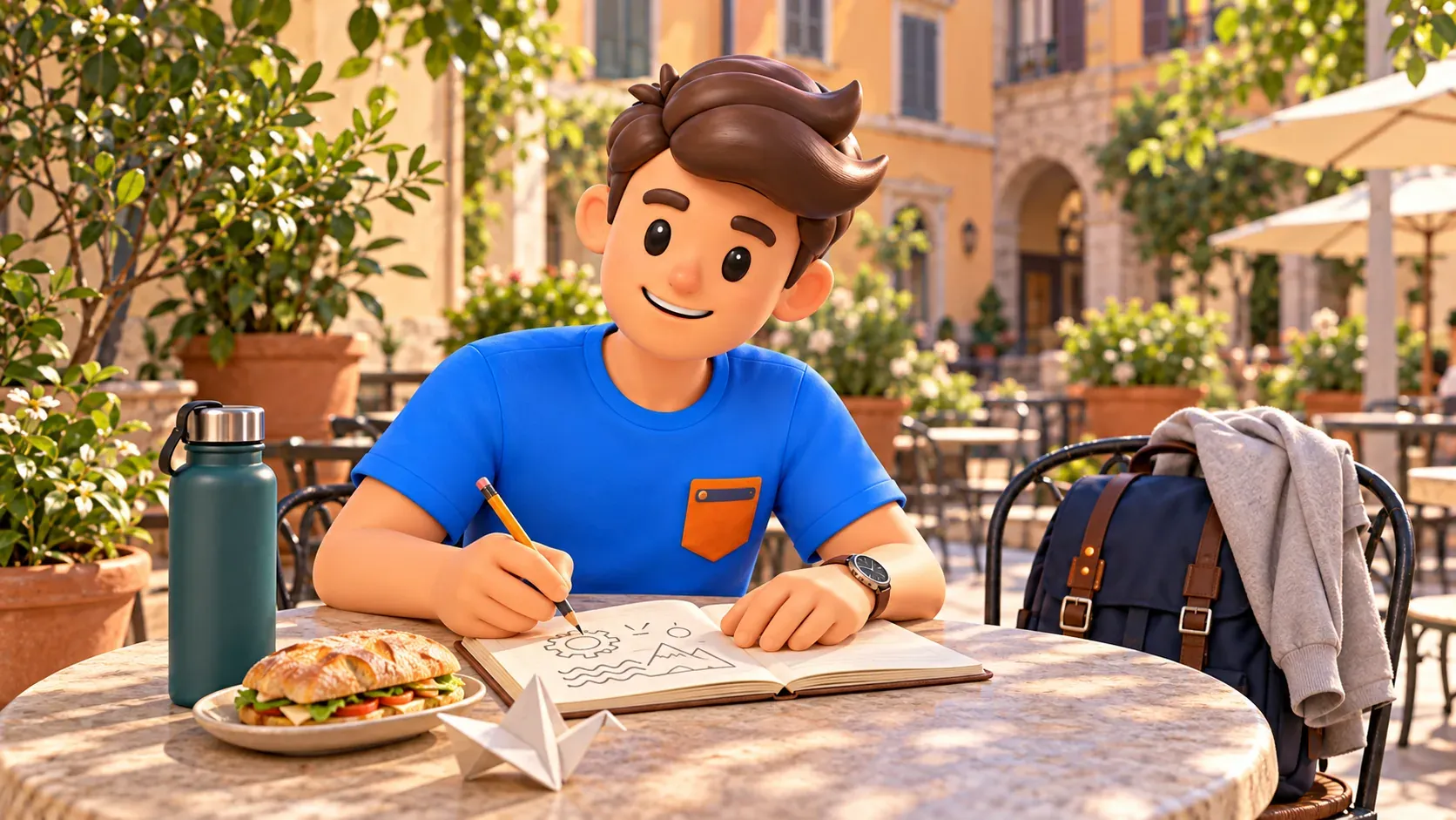 Illustration of a traveller sketching in a personal notebook during a break, with a paper bird in an imagined Milan café.