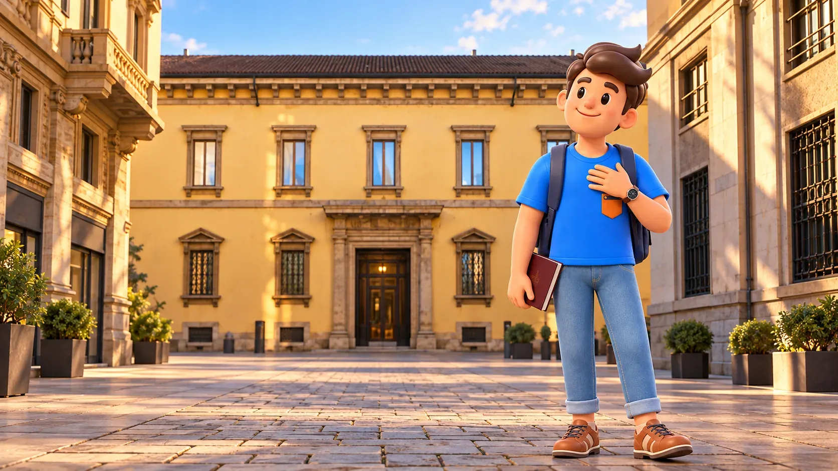 Illustration of a traveller with a closed art book outside the ochre Ambrosiana façade on Piazza Pio XI.